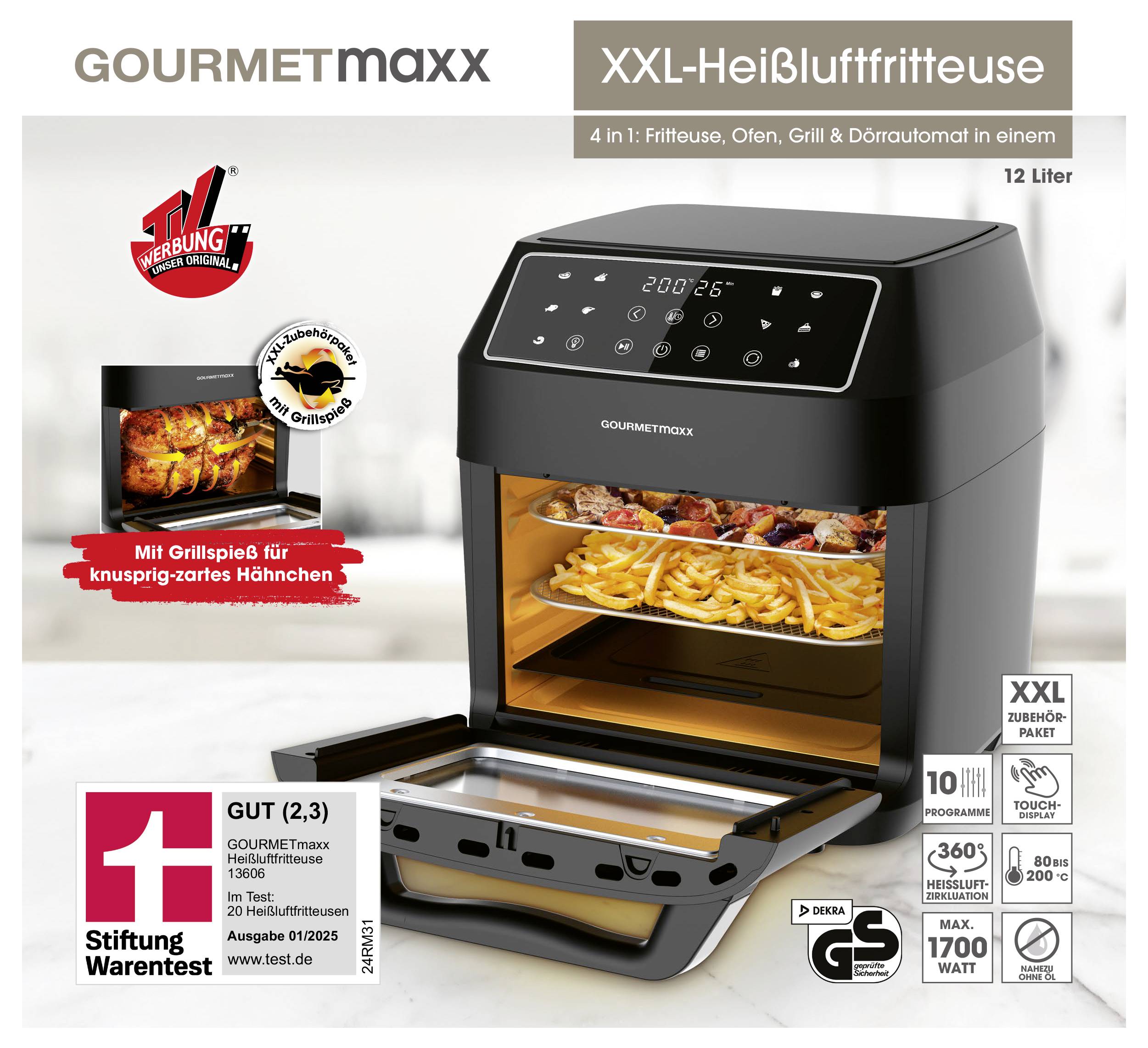 GOURMETmaxx XXL-Heißluftfritteuse, 4-in-1: Fritteuse, Ofen, Grill & Dörrautomat, 12 Liter. TV-Werbung. GUT (2,3) von Stiftung Warentest.