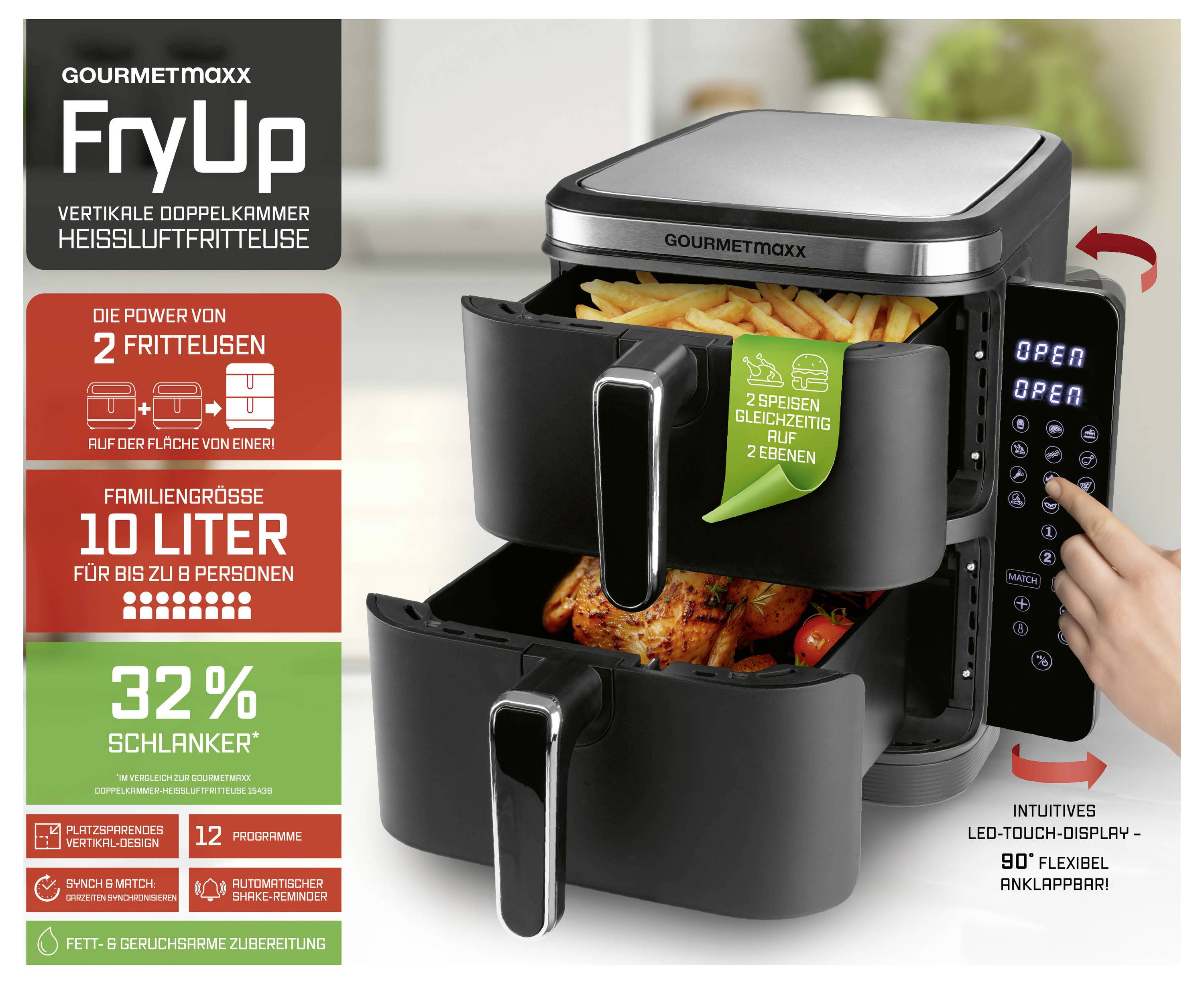 'Fryup' Heißluftfritteuse mit zwei Frittierkörben, digitalem Bedienfeld und 10 Liter Fassungsvermögen, geeignet für bis zu 8 Personen.
