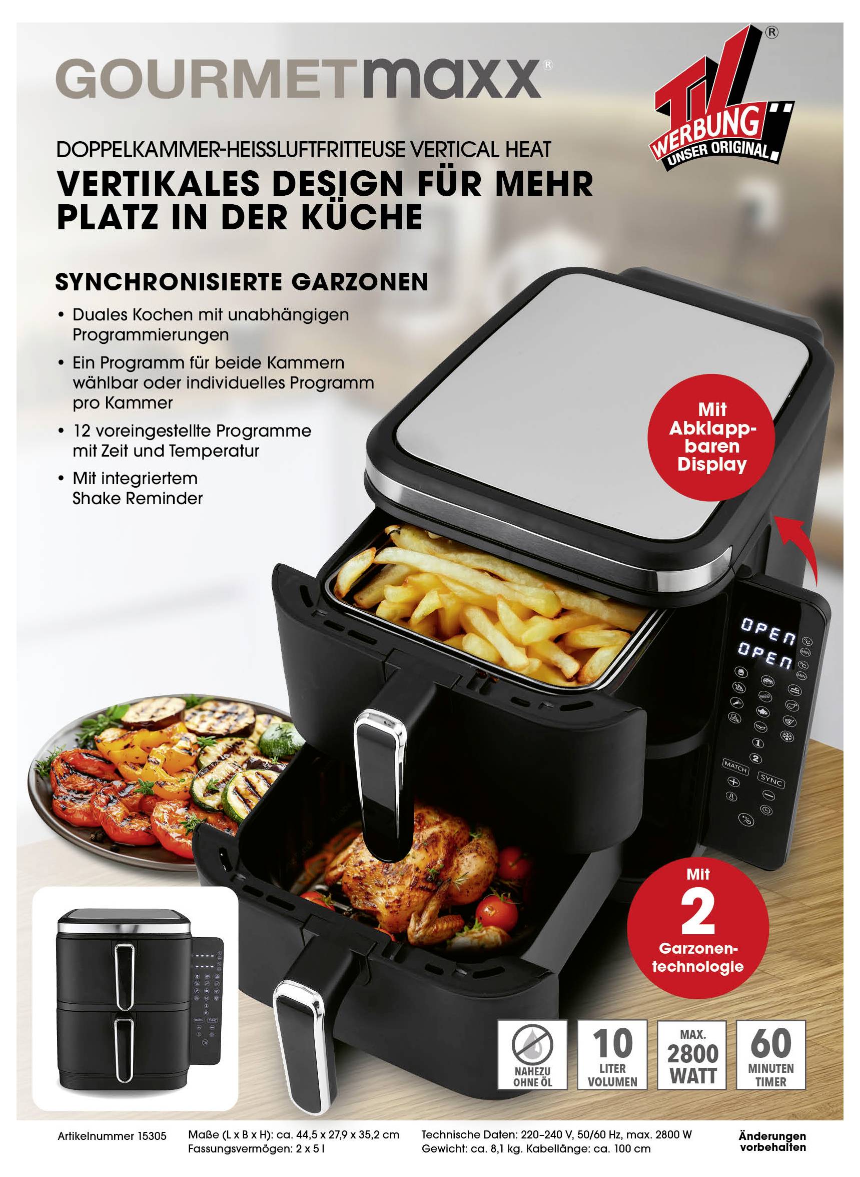 Doppelkammertopf-Heißluftfritteuse mit vertikalem Design. Features umfassen synchronisiertes Garen und ein Abklapp-Bedienfeld.