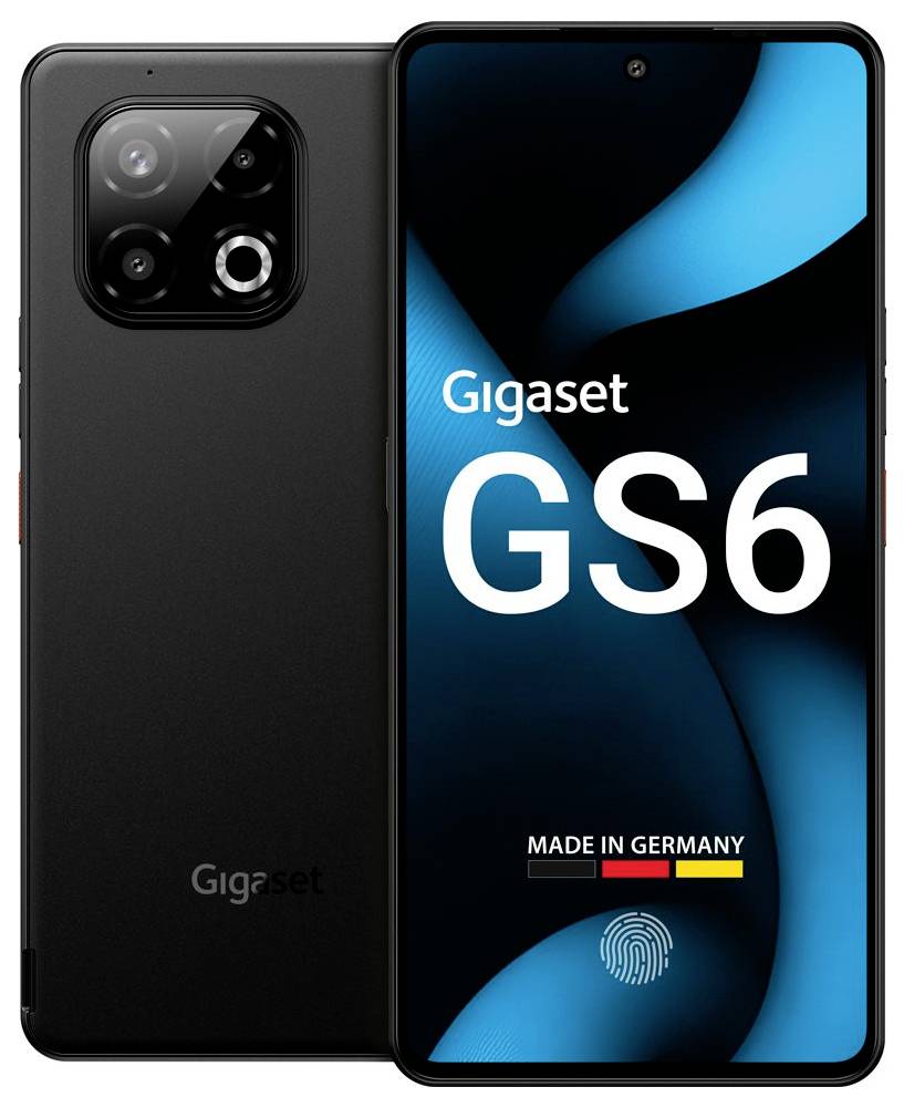 Gigaset GS6 Smartphone, Frontansicht mit Display, Branding und Fingerabdrucksensor-Icon, Rückansicht mit dreifacher Kameraanordnung.