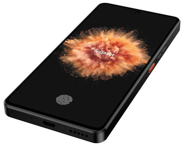 Ein Smartphone mit dem Schriftzug ‚Gigaset' auf dem Bildschirm, das eine orangefarbene Explosionsgrafik zeigt. Ein Fingerabdruck-Symbol ist am unteren Rand sichtbar.