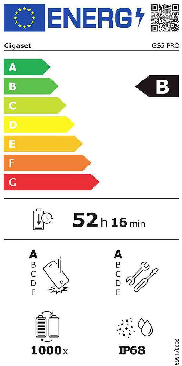 Energieetikett für Gigaset GS6 PRO mit EU-Flagge. Energieeffizienzklasse B, Akkulaufzeit 52 Std. 16 Min., 1000x Akkutests, IP68-Schutzklasse.