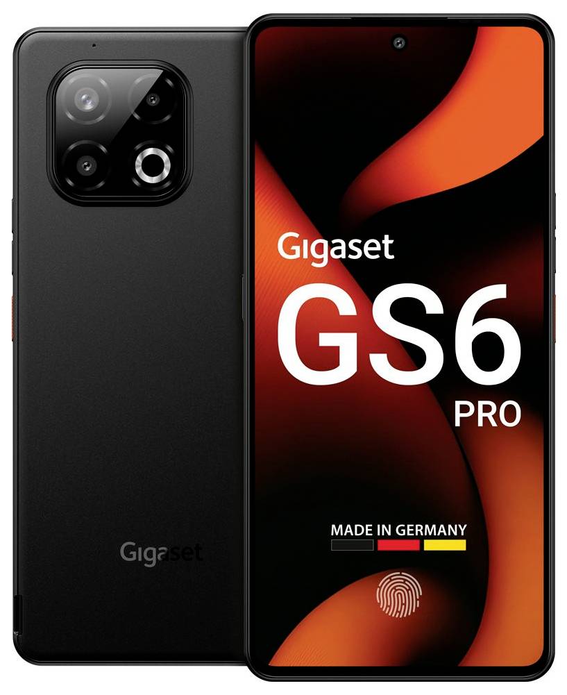 Smartphone Gigaset GS6 Pro, schwarz mit Dualkamera. Display zeigt 'Gigaset GS6 PRO' und 'Made in Germany' Text.