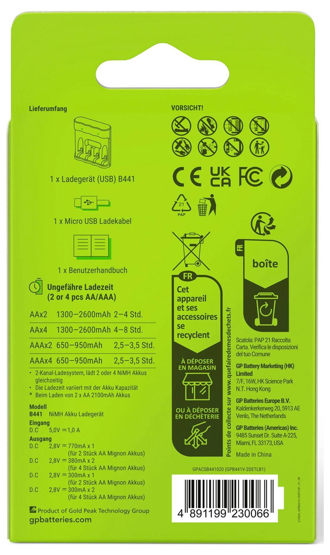 Eine grüne Verpackungsrückseite mit Texten, die Produktspezifikationen, Anleitungen, Symbolkennzeichnungen für Konformität und Recyclinginformationen enthalten.