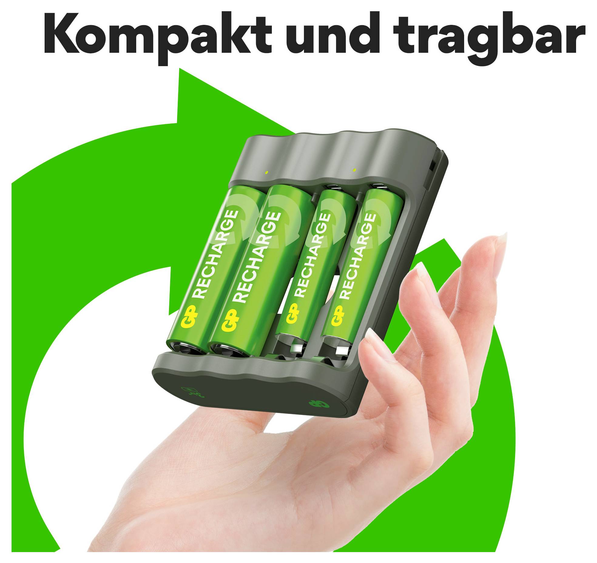 Ein Ladegerät mit vier grünen aufladbaren Batterien wird von einer Hand gehalten. Der Text oben lautet 'Kompakt und tragbar'.