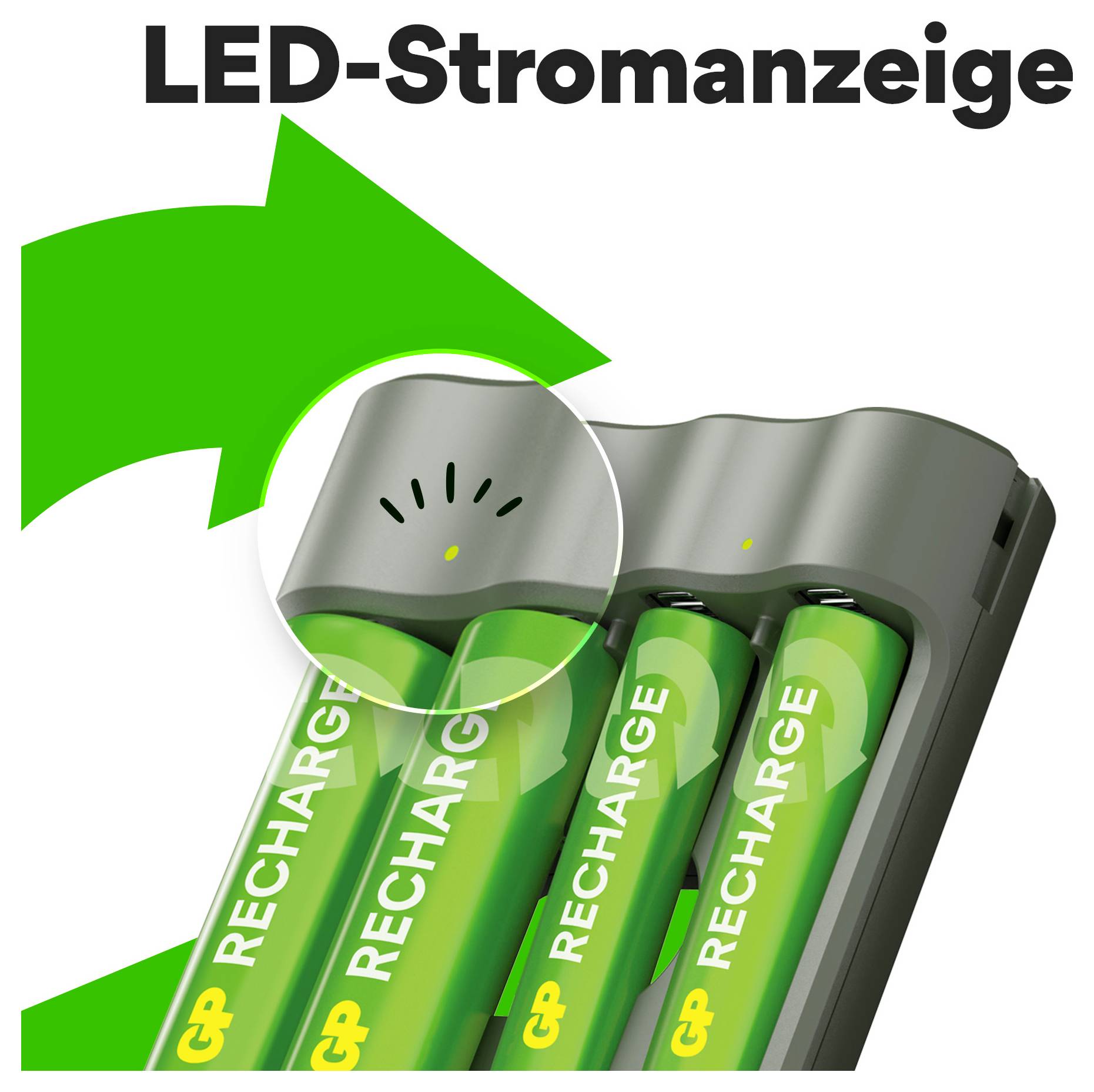 LED-Stromanzeige: Drei wiederaufladbare grüne Batterien im Ladegerät. Grün bedeutet voll aufgeladen, gelb lädt, rot bedeutet leer.
