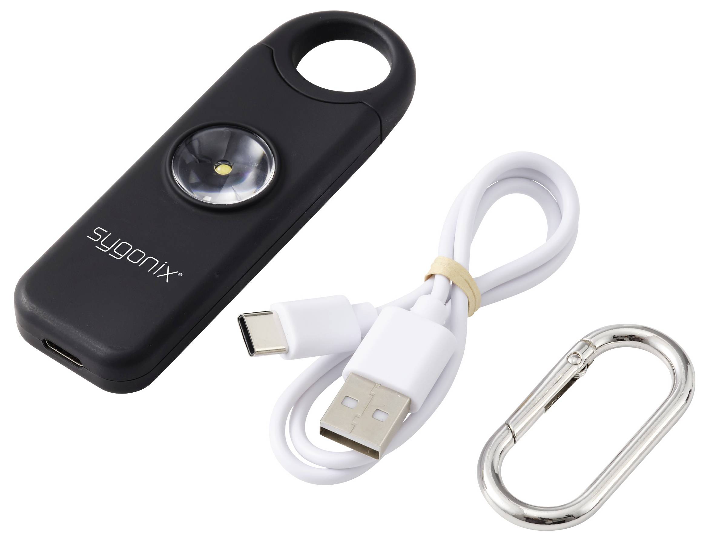 Schwarze Sygonix LED-Schlüsselbundleuchte mit USB-C-Ladekabel und Karabinerhaken auf weißem Hintergrund.
