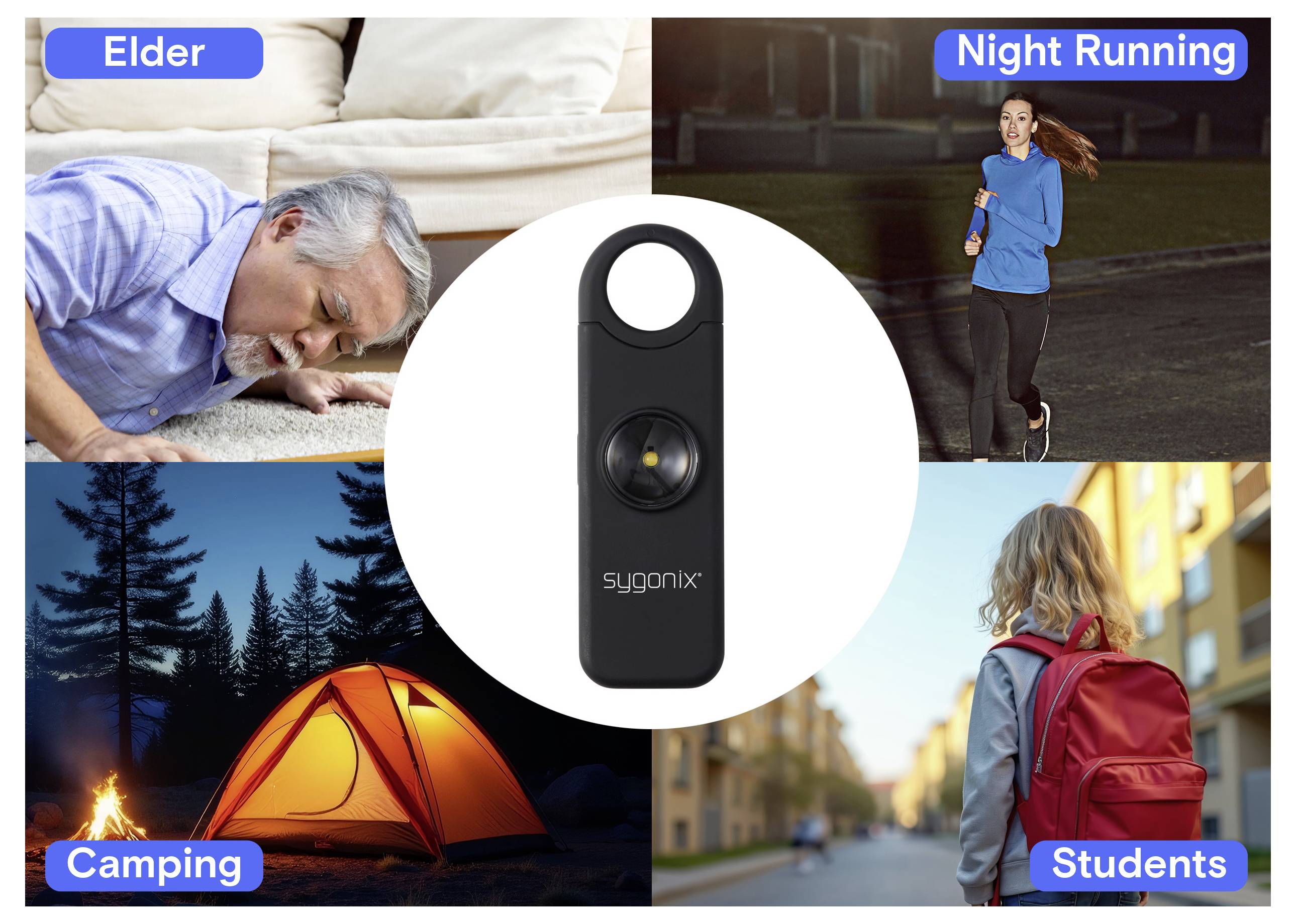 Collage mit einem Sygonix Personalalarm für Sicherheit von Senioren, Nachtlauf, Camping und Studenten, die mit einem Rucksack gehen.