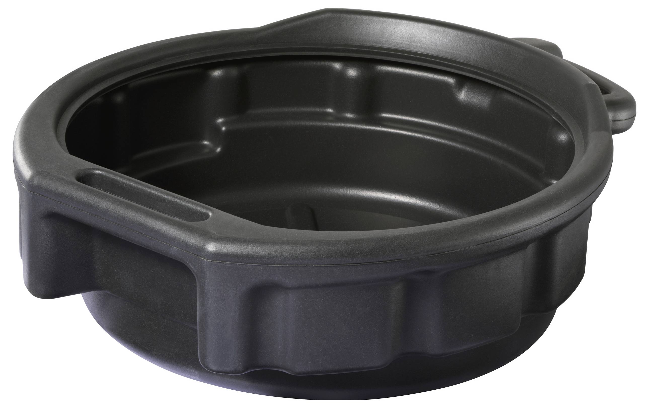 Eine schwarze Kunststoff-Ölwanne mit großer Öffnung und ergonomischen Griffen, die zum Auffangen von Motoröl während der Fahrzeugwartung verwendet wird.