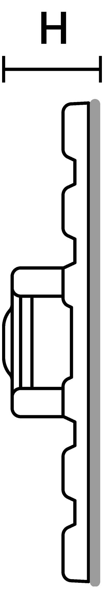 Eine Skizze zeigt eine Seitenansicht eines mechanischen Bauteils mit beschrifteter Dimension 'H', die die Höhe angibt, und enthält einen Knopf und Rillen an einer Seite.