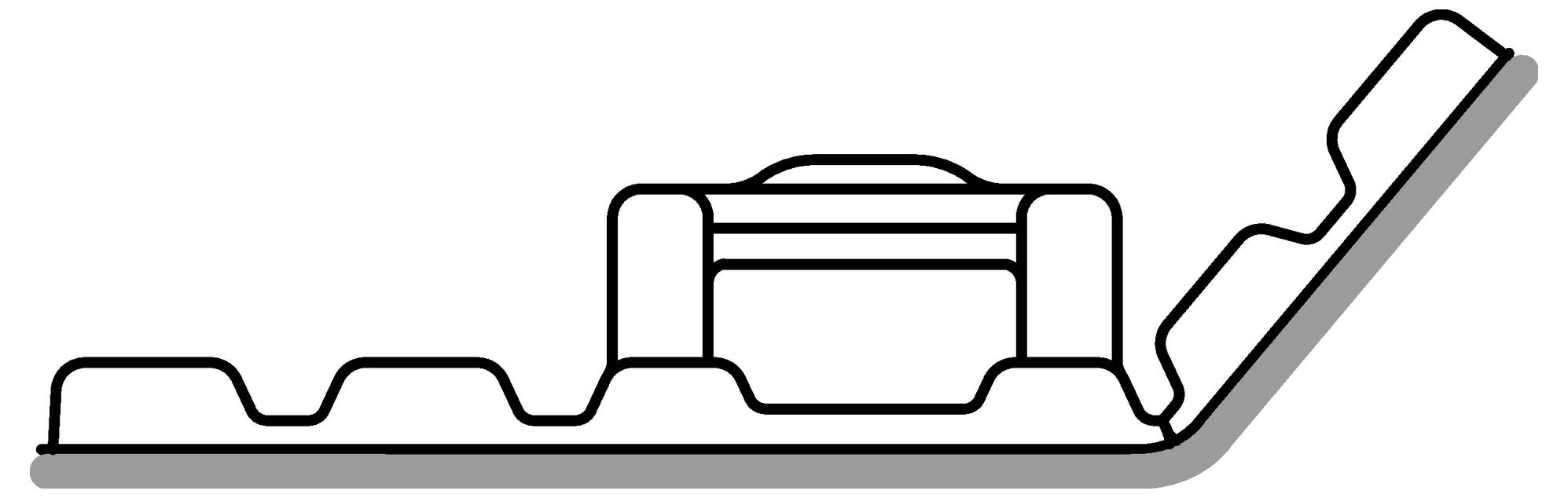 Seitenansicht eines stapelbaren Stuhls mit miteinander verbundenen Rahmen, die die Silhouette des Sitzes, der Rückenlehne und der Stützstruktur zeigt.