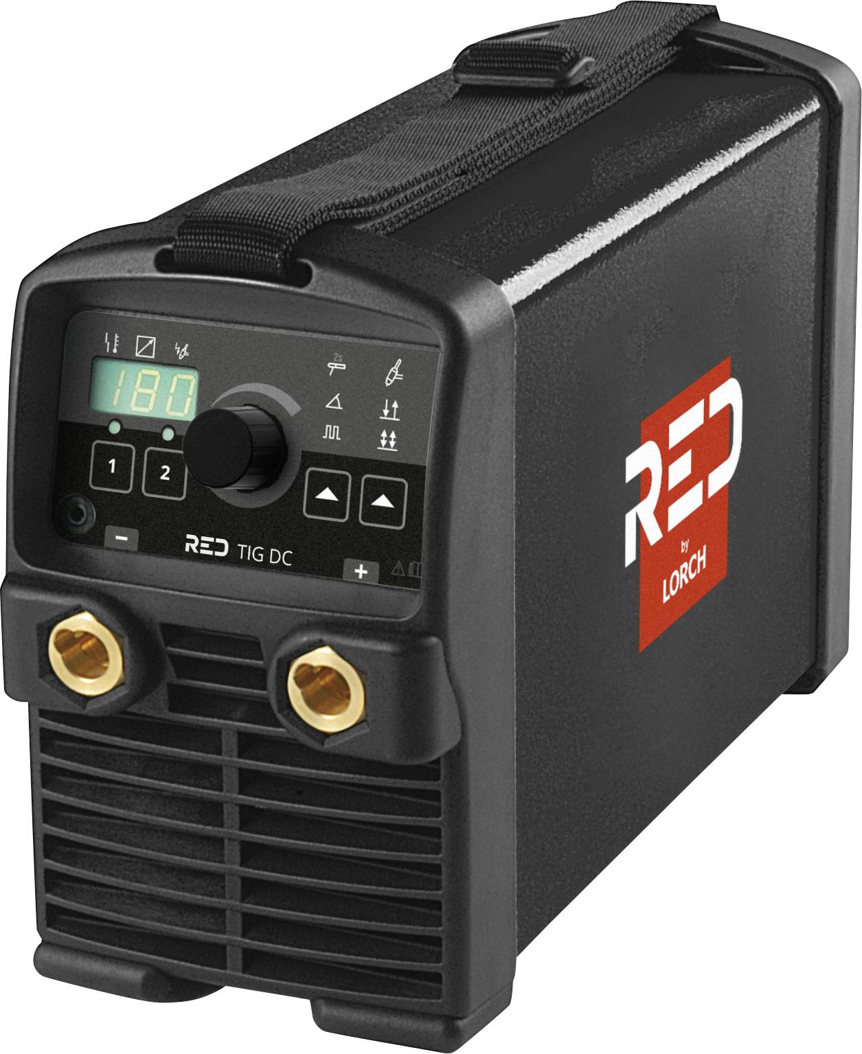 Eine schwarze Schweißmaschine mit einer digitalen Anzeige, die '180' zeigt. Sie verfügt über Einstellknöpfe und Anschlüsse an der Vorderseite, beschriftet mit 'RED by Lorch'.