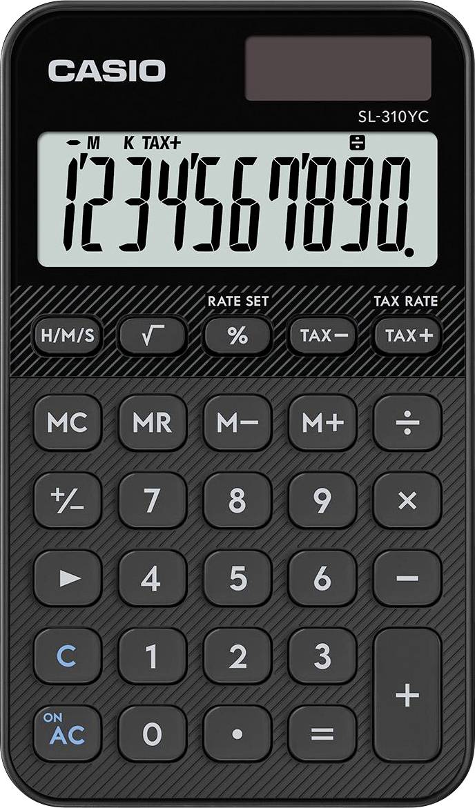 Ein schwarzer Casio SL-310YC Taschenrechner, der die Zahlen '1234567890' auf dem Display zeigt, mit Standard-Funktionstasten darunter.