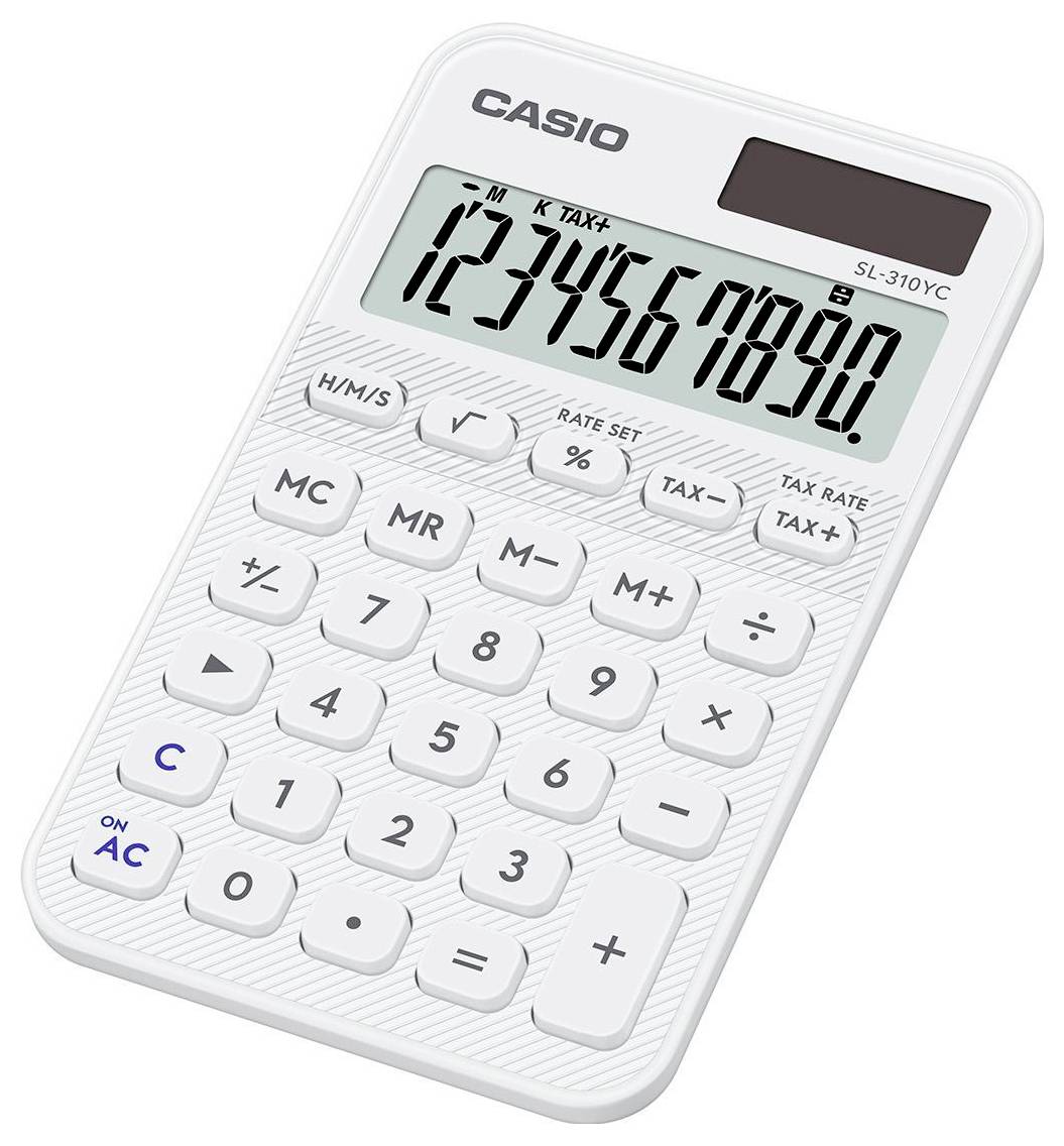 Ein weißer Casio-Taschenrechner mit einer digitalen Anzeige, die die Ziffern '1234567890' zeigt, sowie verschiedenen Funktionstasten.