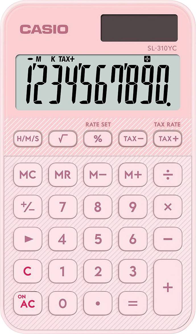 Rosa Casio Taschenrechner Modell SL-310YC zeigt die Zahlen '1234567890' auf dem Display mit Standard-Tasten darunter, einschließlich Steuerfunktionen.