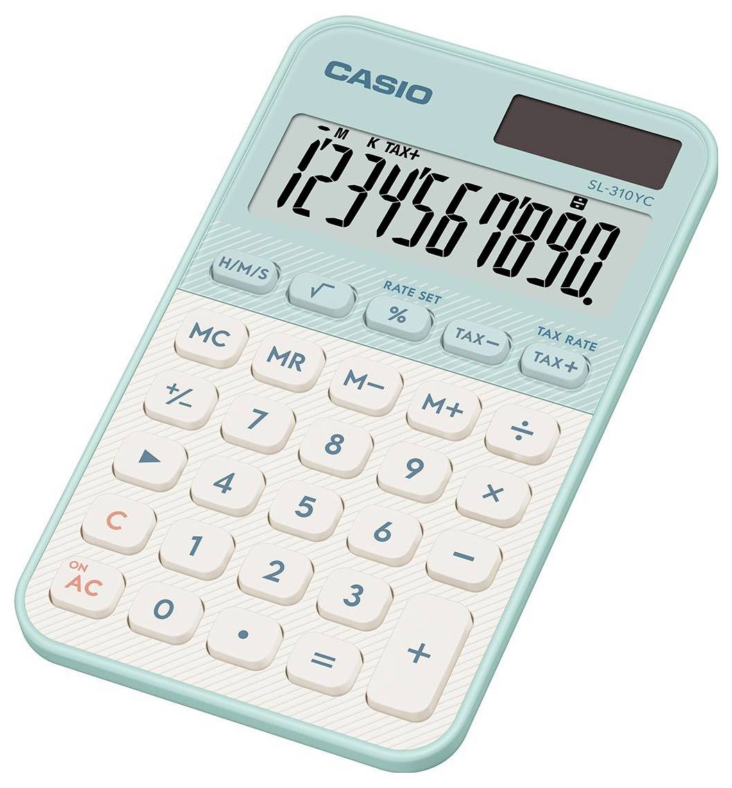 Ein hellblauer Casio-Taschenrechner des Modells SL-310YC zeigt die Zahlen '1234567890' auf dem Display. Er verfügt über weiße Tasten mit Grundfunktionen.