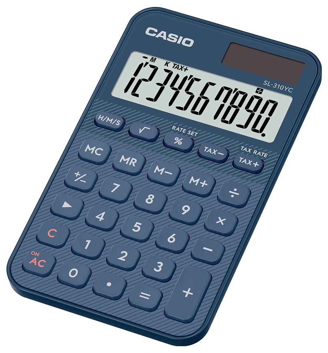Casio SL-310VC Taschenrechner zeigt die Zahlen 1234567890. Zu den Funktionen gehören Solarbetrieb, Steuerberechnung und grundlegende arithmetische Funktionen.