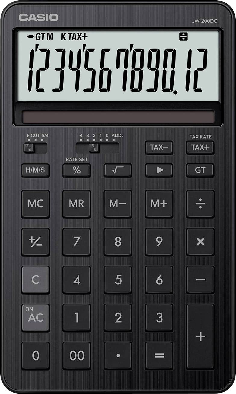 Ein schwarzer Taschenrechner mit der Anzeige '1234567890,12' auf dem Display, ausgestattet mit numerischen und Funktionstasten für arithmetische Operationen.