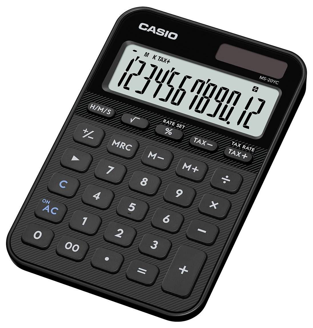 Ein schwarzer Casio-Taschenrechner, der auf seinem Display die Zahlen '1234567890,12' zeigt und über Tasten für grundlegende Rechenoperationen und Steuerfunktionen verfügt.