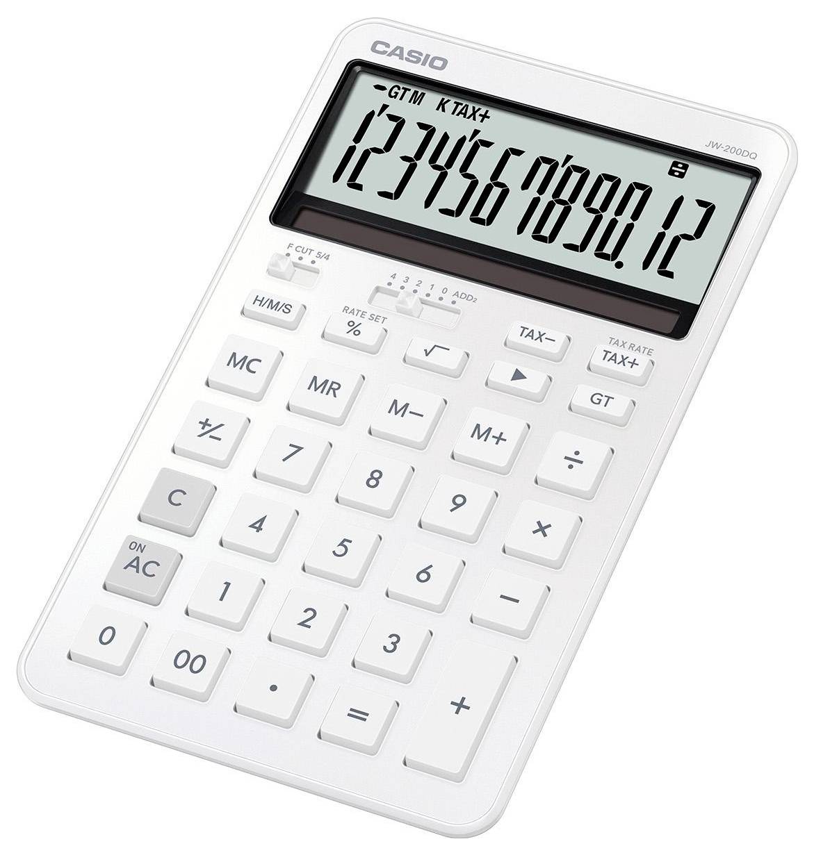 Casio Rechner mit großem Display, das die Zahlen 1234567890,12 anzeigt, inklusive Standard-Zifferntastatur und mehreren Funktionstasten.