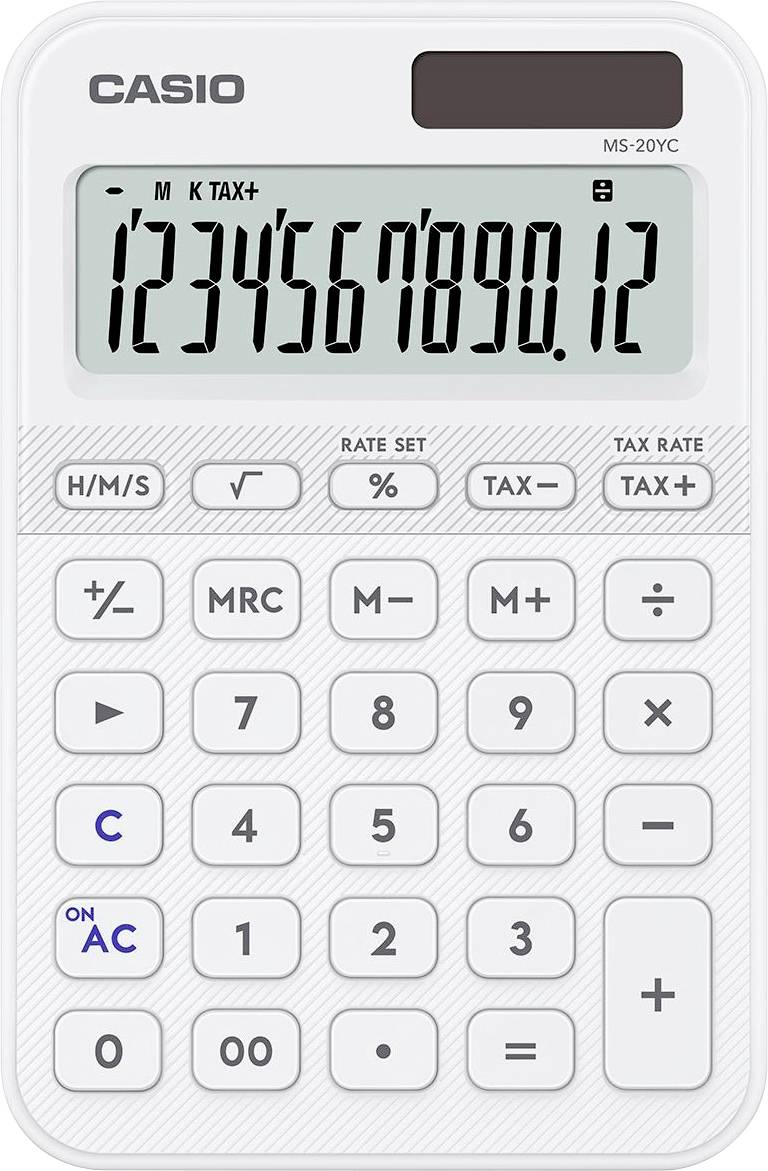 Eine weiße Casio-Rechner, der '1234567890,12' auf seinem Display zeigt, mit sichtbaren Funktions- und Nummertasten.