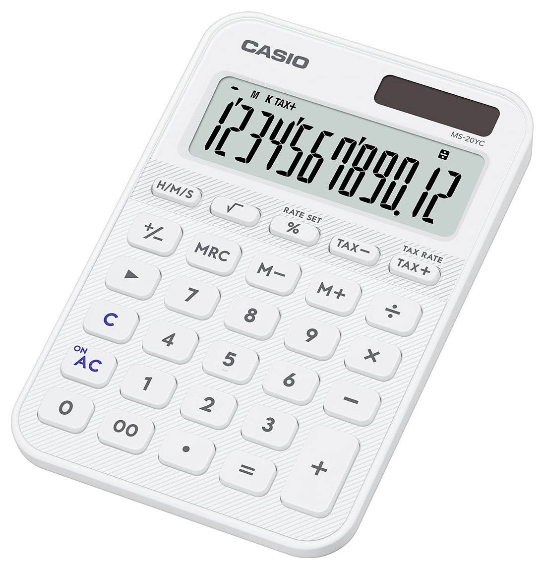 Ein weißer elektronischer Taschenrechner, der die Zahlen 1234567890,12 auf dem Display zeigt und über ein Tastaturfeld mit standardmäßigen mathematischen Funktionen verfügt.