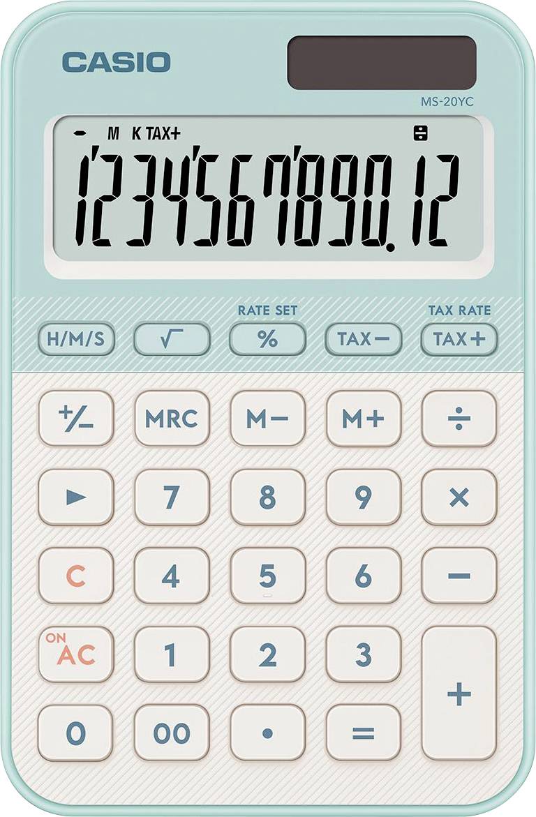 Ein türkisfarbener Casio MS-20YC Taschenrechner, der '1234567890,12' anzeigt. Er verfügt über Tasten für Grundrechenarten und Steuerberechnungen.