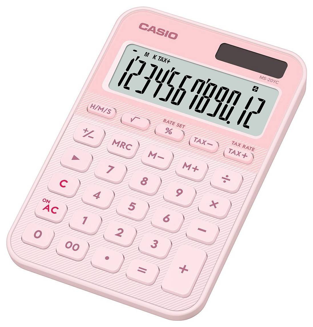 Ein rosa Taschenrechner mit einer digitalen Anzeige, die '1234567890,12' zeigt. Er verfügt über grundlegende Funktionen wie Addition, Subtraktion und Speicherfunktion.