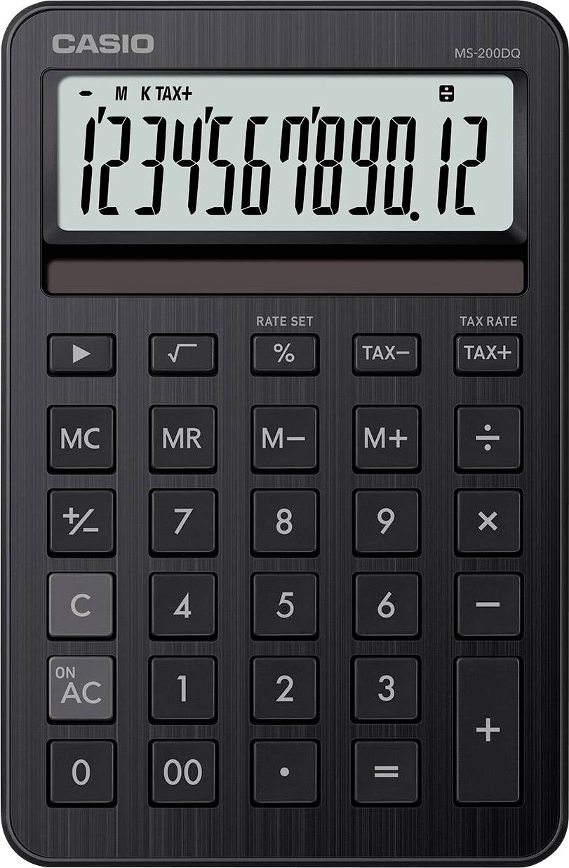 Ein schwarzer Casio-Taschenrechner, der die Zahlen '1234567890.12' auf seinem Display zeigt. Der Rechner verfügt über standardmäßige Funktionstasten.