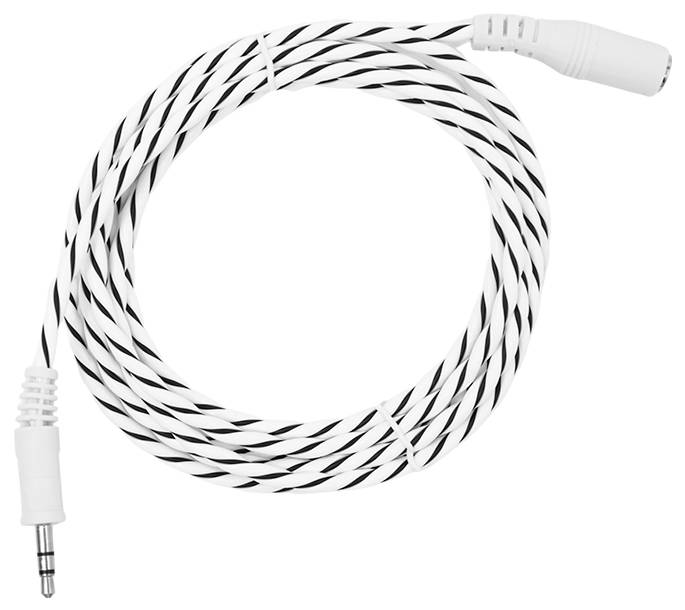 Ein aufgerolltes, schwarz-weiß gestreiftes Audiokabel mit einem 3,5-mm-Stecker auf der einen und einer Buchse auf der anderen Seite, geeignet zum Anschluss von Kopfhörern.