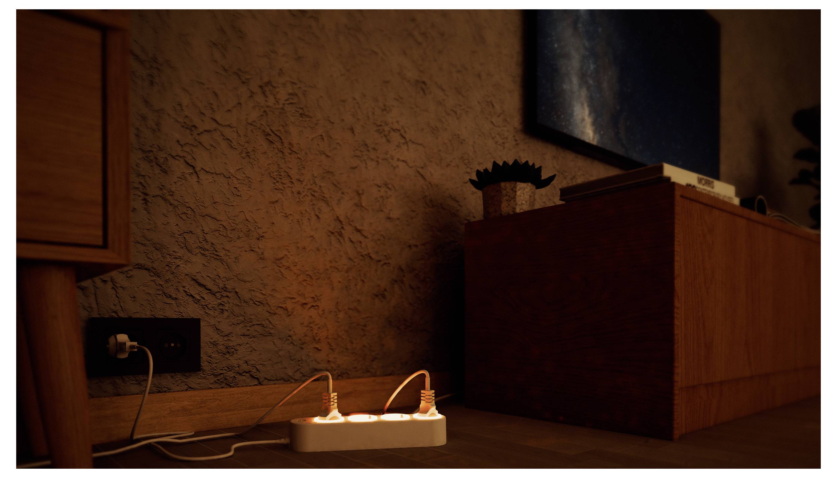 Ein beleuchtetes Mehrfachsteckdosenleiste auf dem Boden leuchtet in der Nähe eines Holzschranks vor einer strukturierten Wand und erzeugt einen warmen, ambientalen Beleuchtungseffekt.