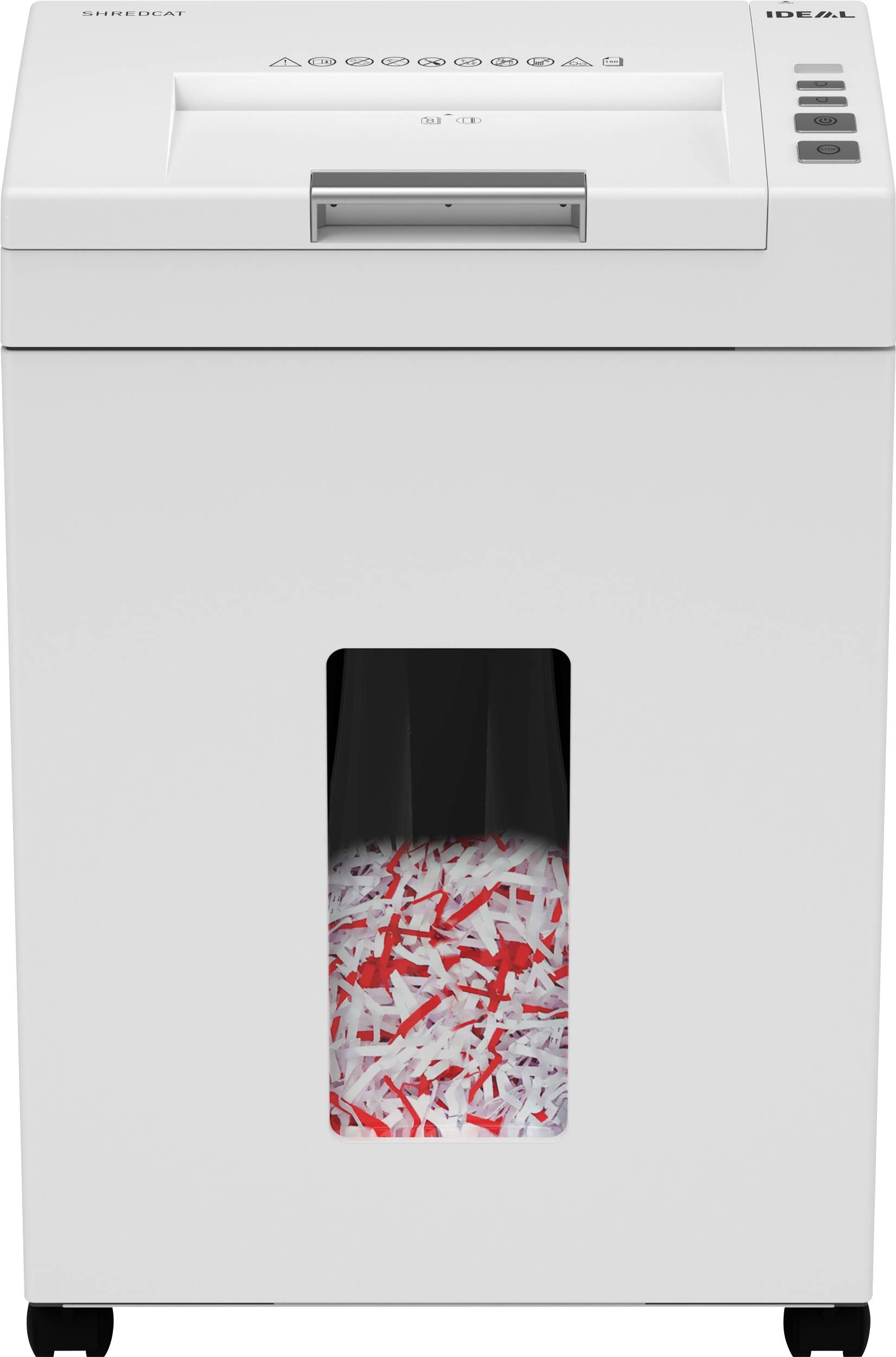 Ein weißer Aktenvernichter mit durch ein Frontfenster sichtbaren zerrissenen Papieren. Die obere Bedienblende verfügt über Tasten und einen Papiereinwurfschlitz.