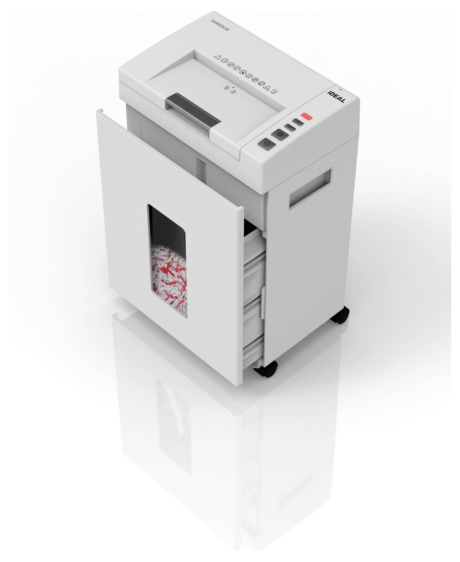Ein weißer Büro-Aktenvernichter mit einem transparenten Behälter, in dem zerrissene Papiere zu sehen sind. Der Aktenvernichter verfügt über Bedienungstasten auf der Oberseite.
