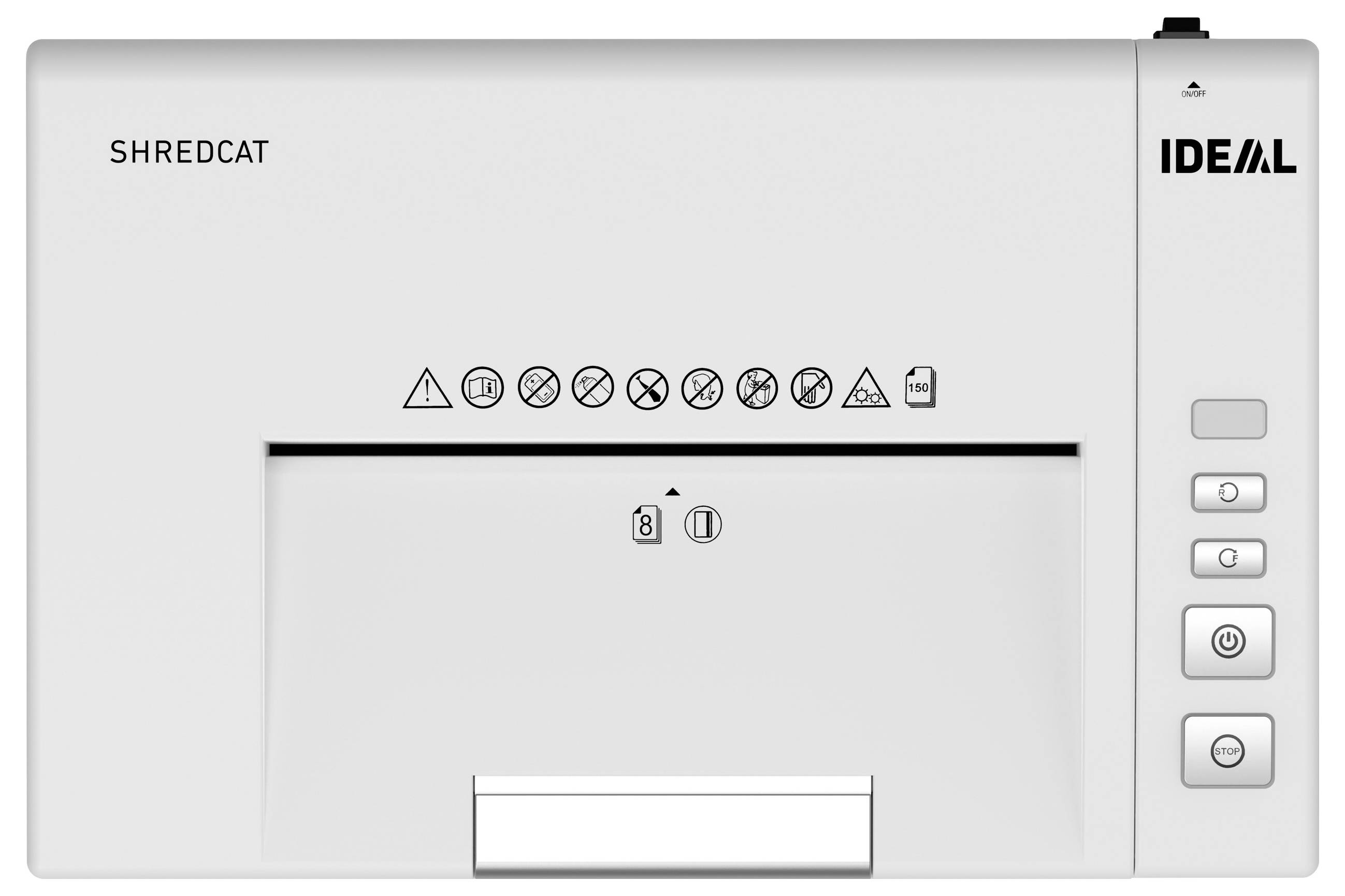 'IDEAL Shredcat' Aktenvernichter mit Symbolen für Sicherheitsfunktionen und Bedienungstasten auf der rechten Seite.