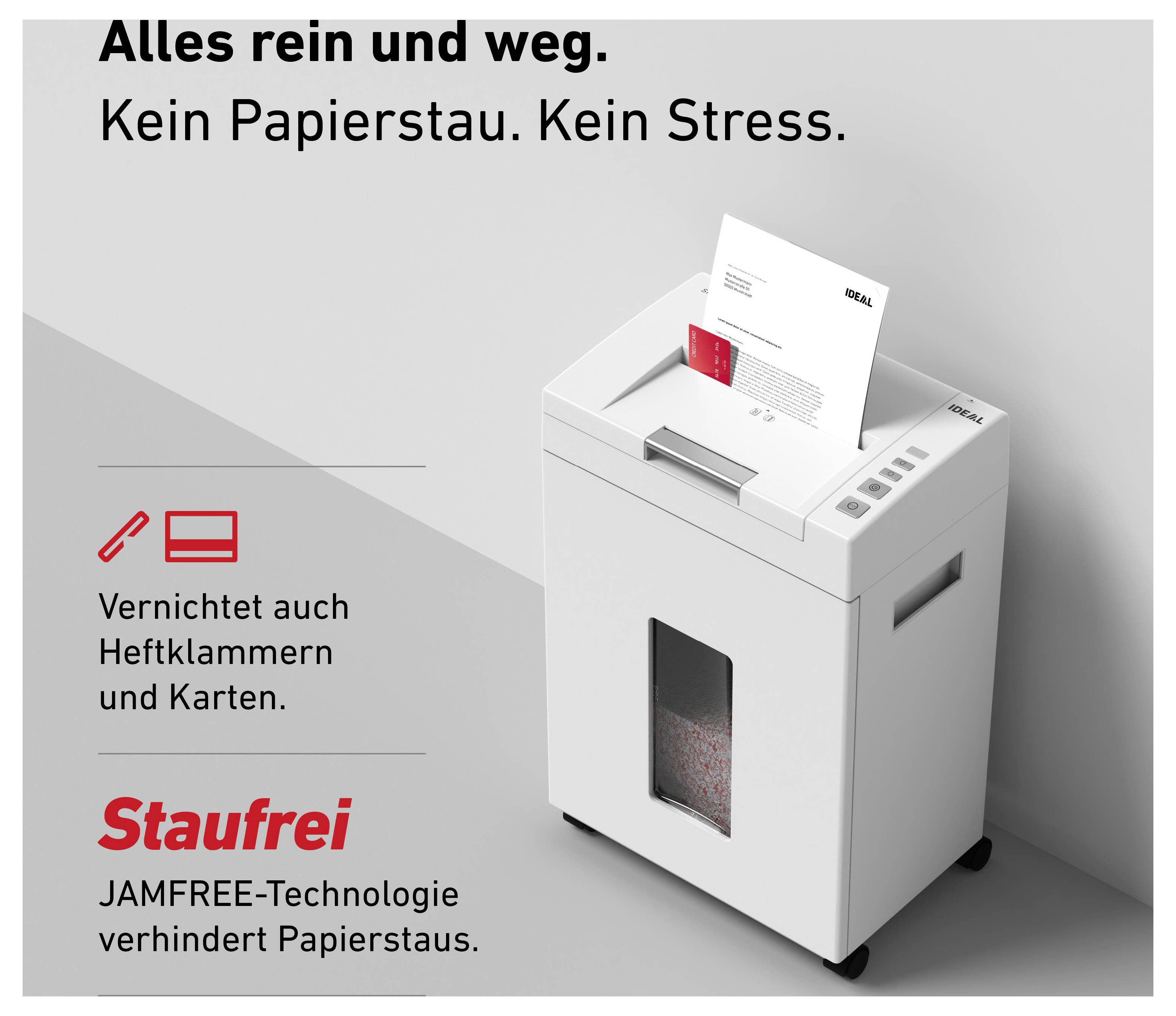 Ein Aktenvernichter zerstört Papierdokumente. Text: 'Alles rein und weg. Kein Papierstau. Kein Stress.' Staufrei durch JAMFREE-Technologie.