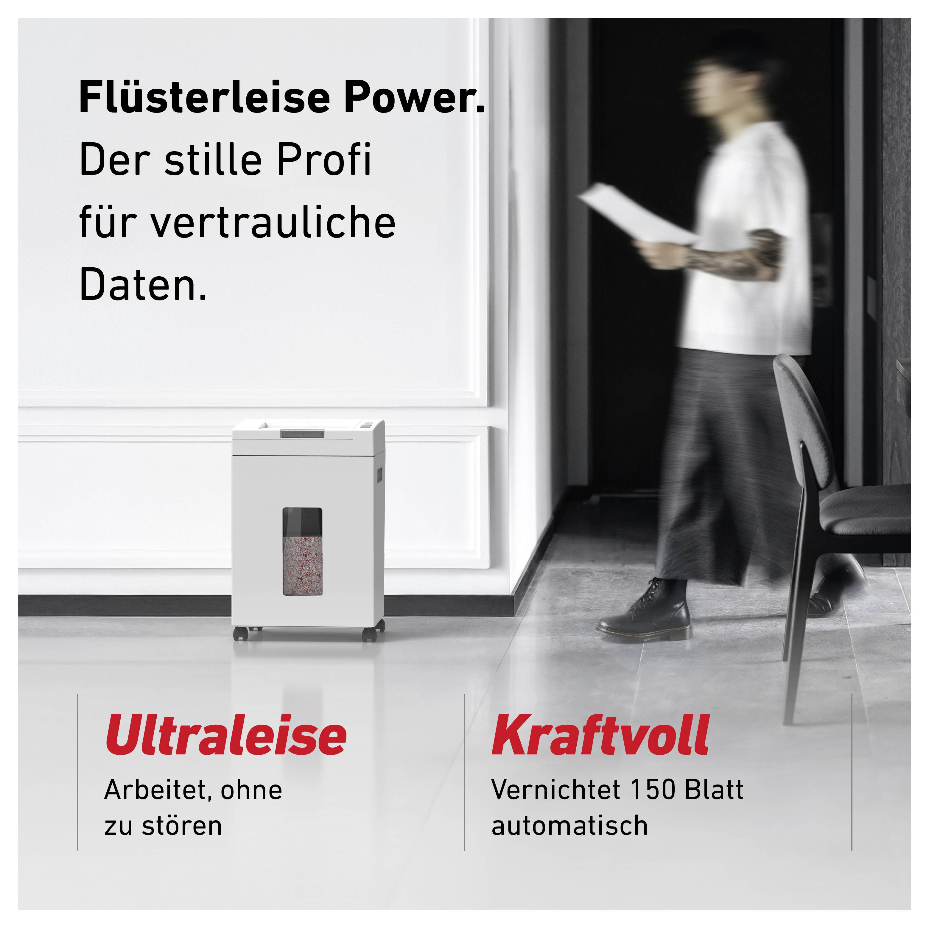 'Flüsterleise Power. Der stille Profi für vertrauliche Daten.' Ein leiser Aktenvernichter im Fokus; daneben eine Person mit Papieren.