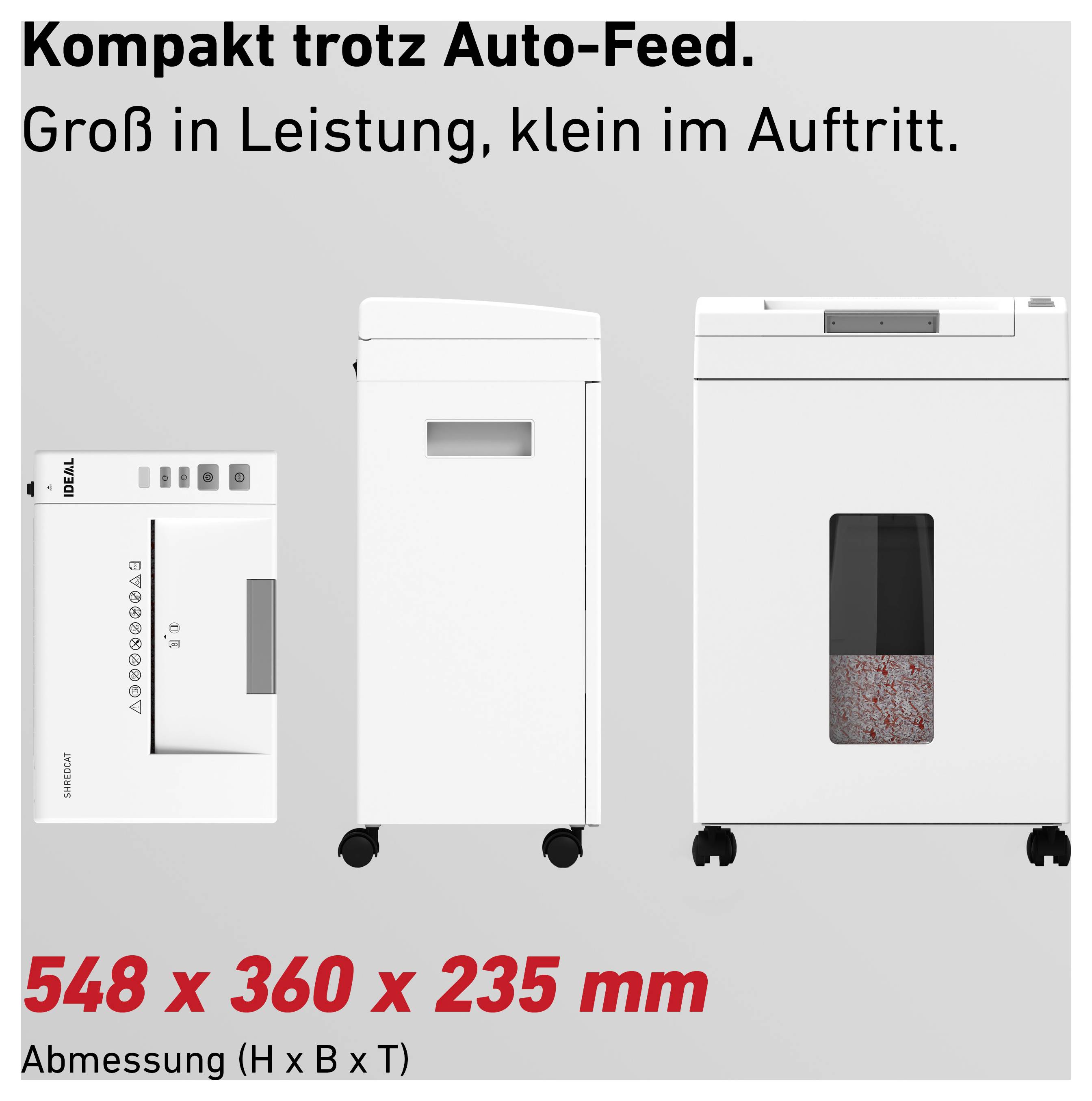 Ein Werbebild mit drei kompakten Geräten. Text oben: 'Kompakt trotz Auto-Feed'. Maße unten: '548 x 360 x 235 mm'.