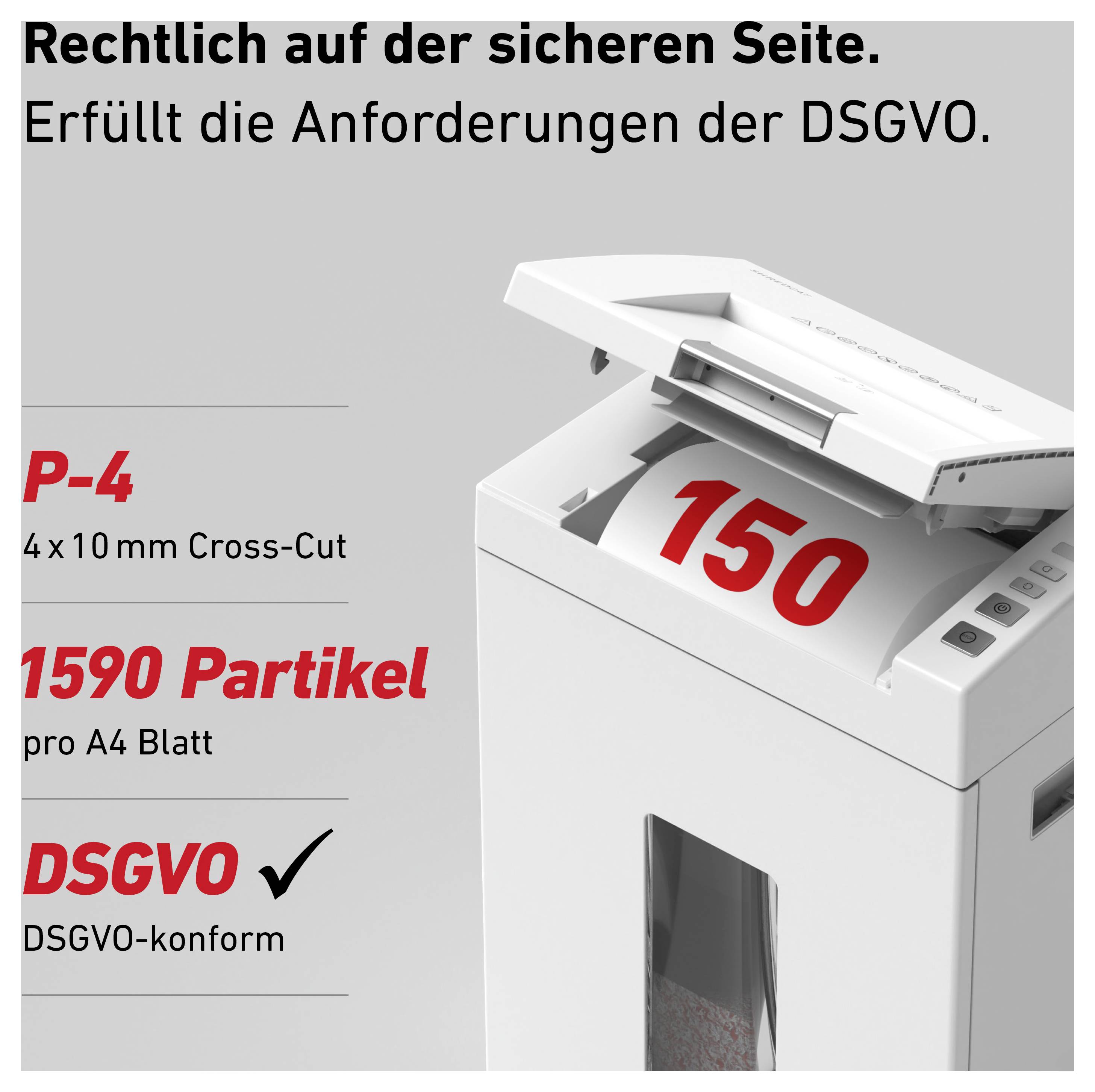 Elektrischer Aktenvernichter mit dem Text 'Rechtlich auf der sicheren Seite' und 'DSGVO-konform', roter Zähler zeigt '150'.