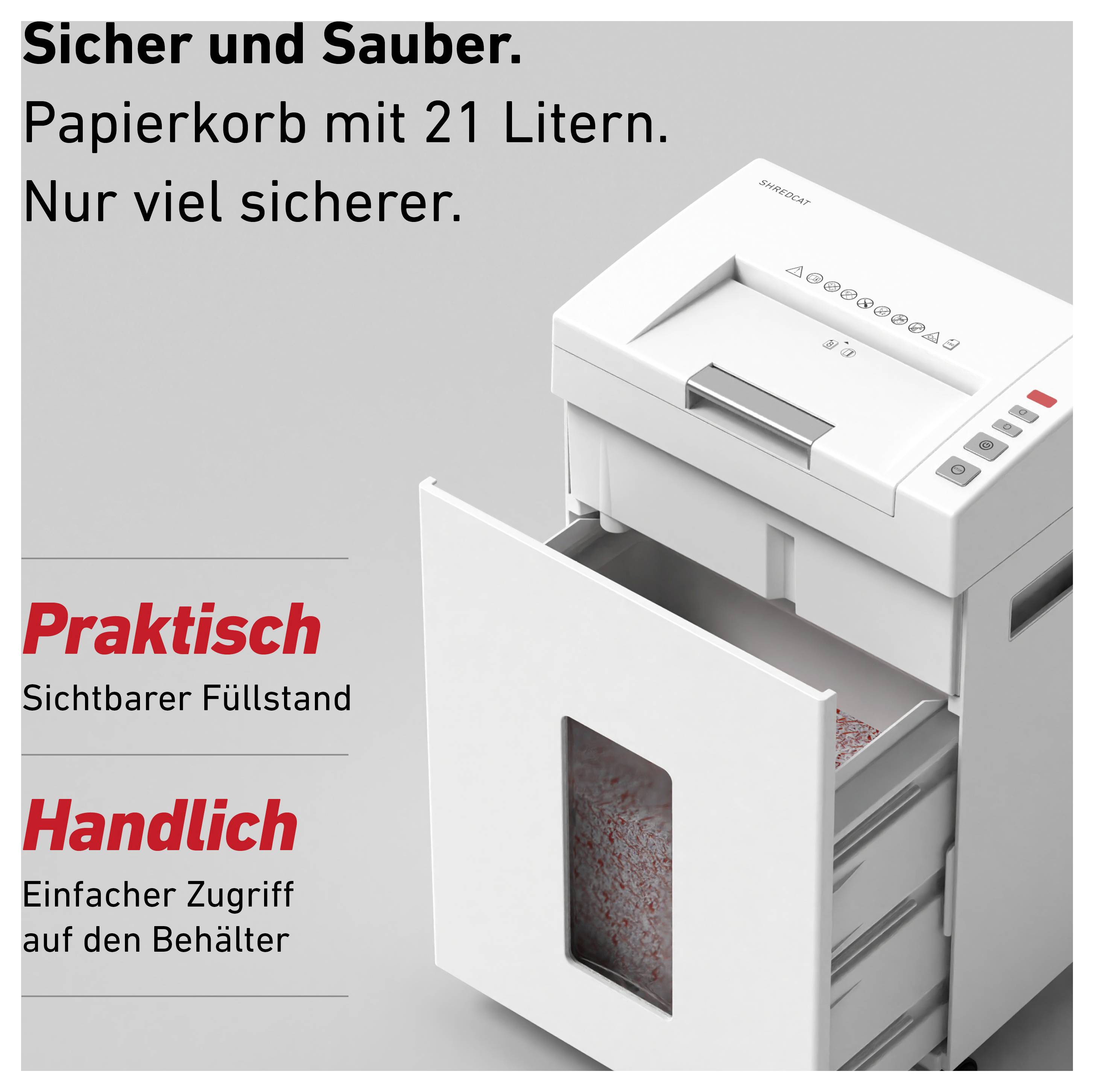 Aktenvernichter mit 21-Liter-Papierkorb, praktischer Füllstandsanzeige und einfachem Zugriff auf den Behälter. Text: Sicher und Sauber.