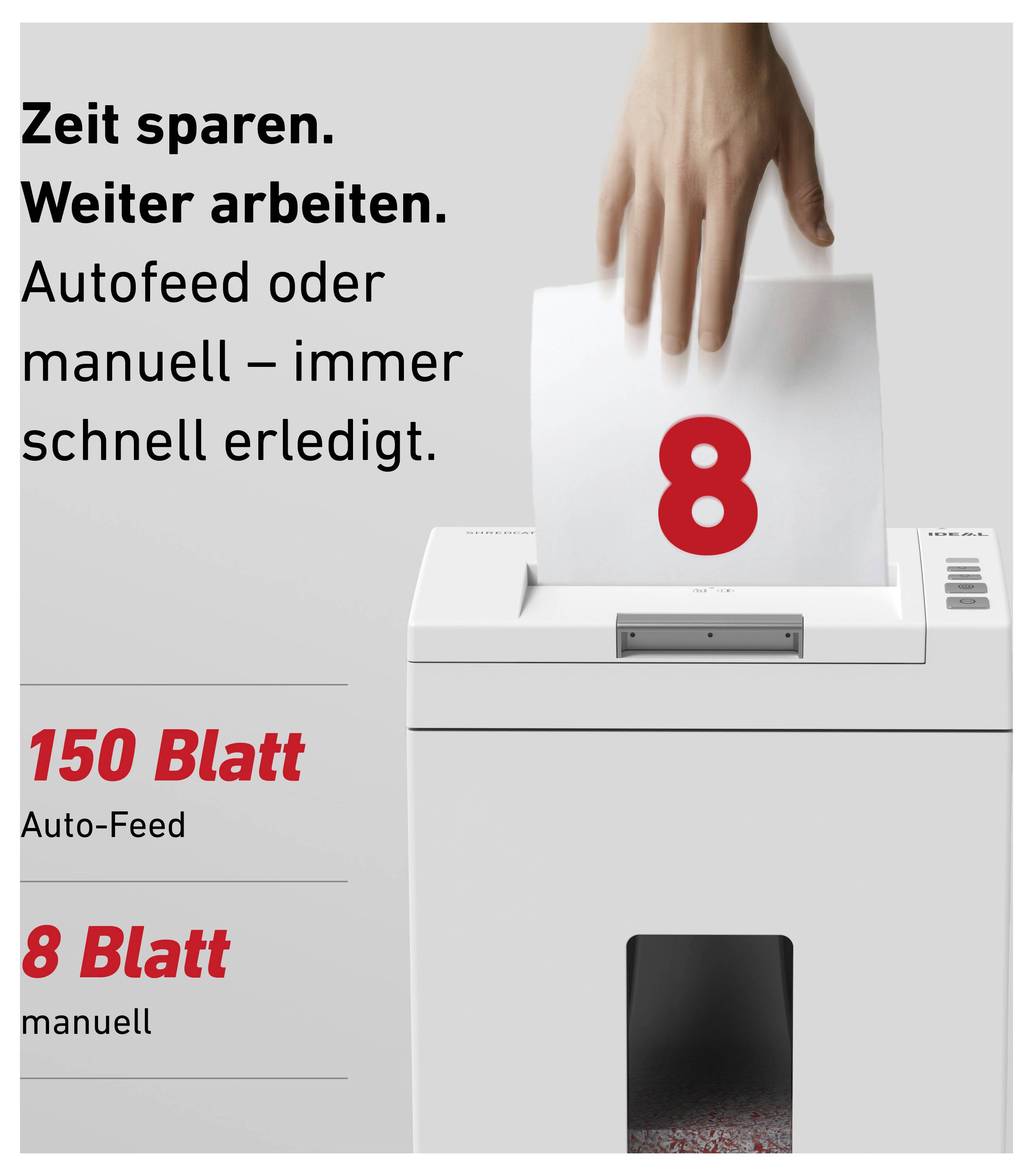 Ein Blatt wird in einen Aktenvernichter eingeführt. Text beschreibt, dass der Schredder im Auto-Feed 150 Blatt und manuell 8 Blatt verarbeiten kann.