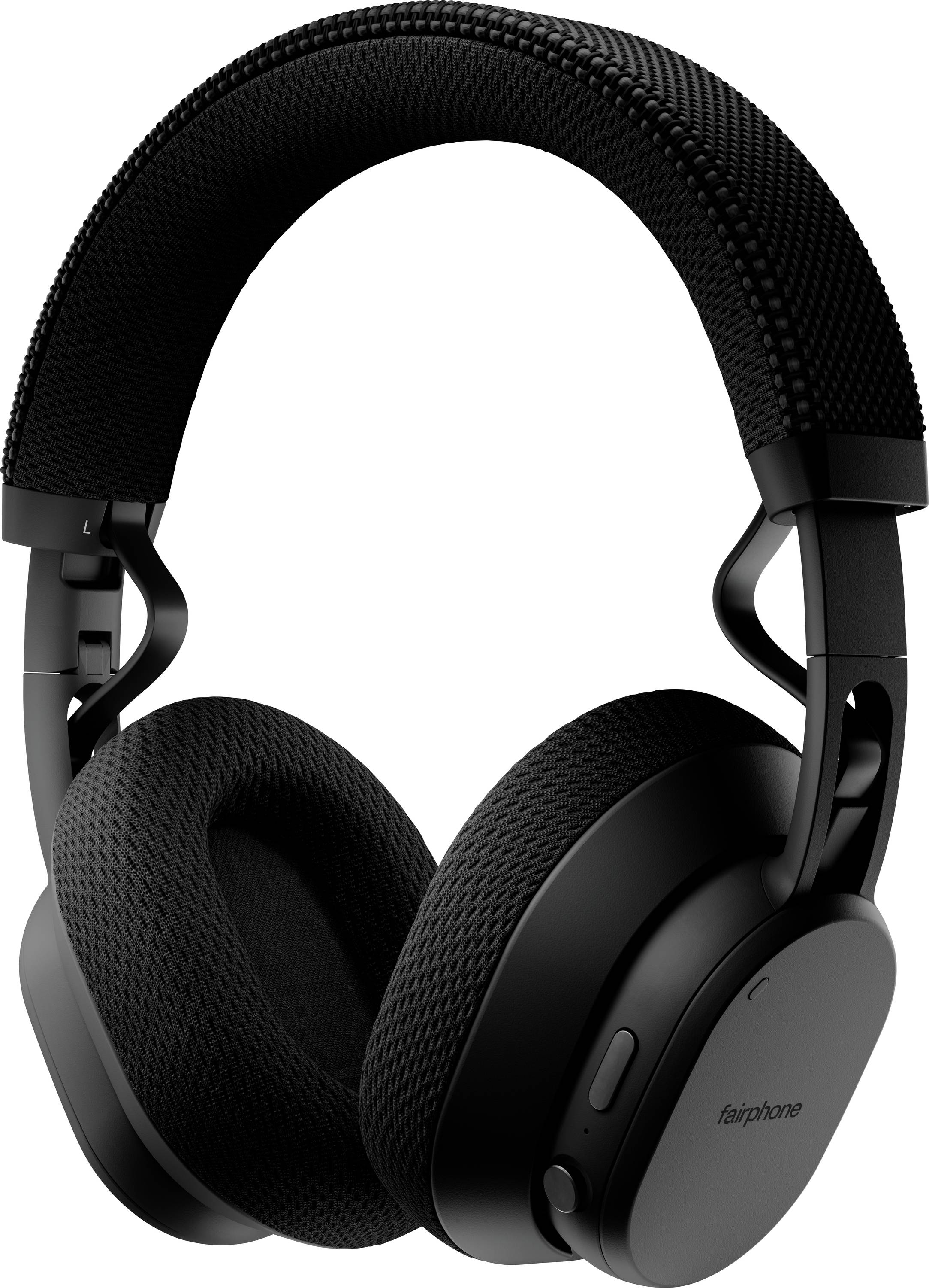Schwarze Over-Ear-Kopfhörer mit gepolsterten Ohrmuscheln und einem Kopfbügel aus Netzstoff, mit der Markenbezeichnung „Fairphone
