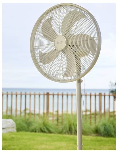 Ein Standventilator auf einer Terrasse mit Blick auf einen Strand, umgeben von einem Holzzaun und Gras, was eine windige Außenumgebung andeutet.