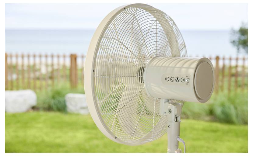 Ein weißer Standventilator steht auf einem Grasbewuchs in der Nähe eines Holzzauns, wobei das Meer und der Himmel im Hintergrund sichtbar sind.