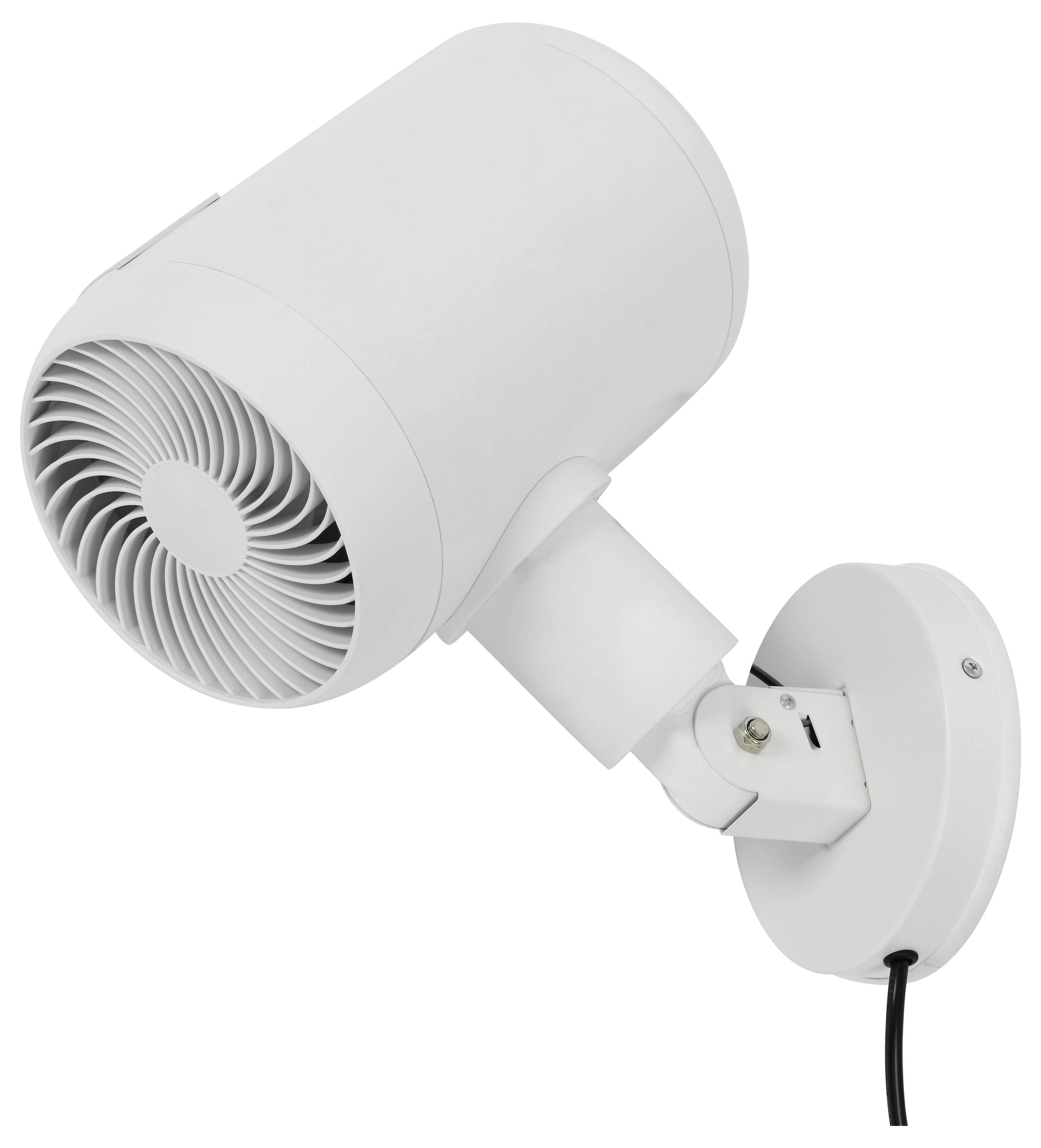 Eine weiße Wandspot-Leuchte mit runder Grundplatte und verstellbarem Arm, die auf einer Seite eine kreisförmige, lüftungsartige Designstruktur aufweist.