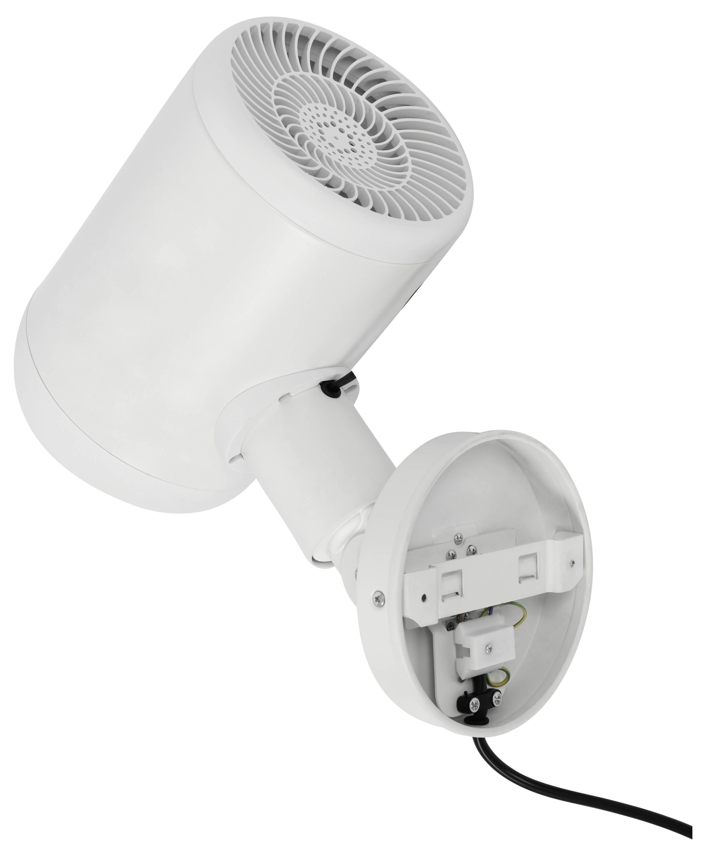 Eine weiße zylindrische Lampe mit einem runden Lüftungsgitter und verstellbarer Halterung, von der Seite betrachtet, um ihre Verbindung und Verkabelung zu zeigen.