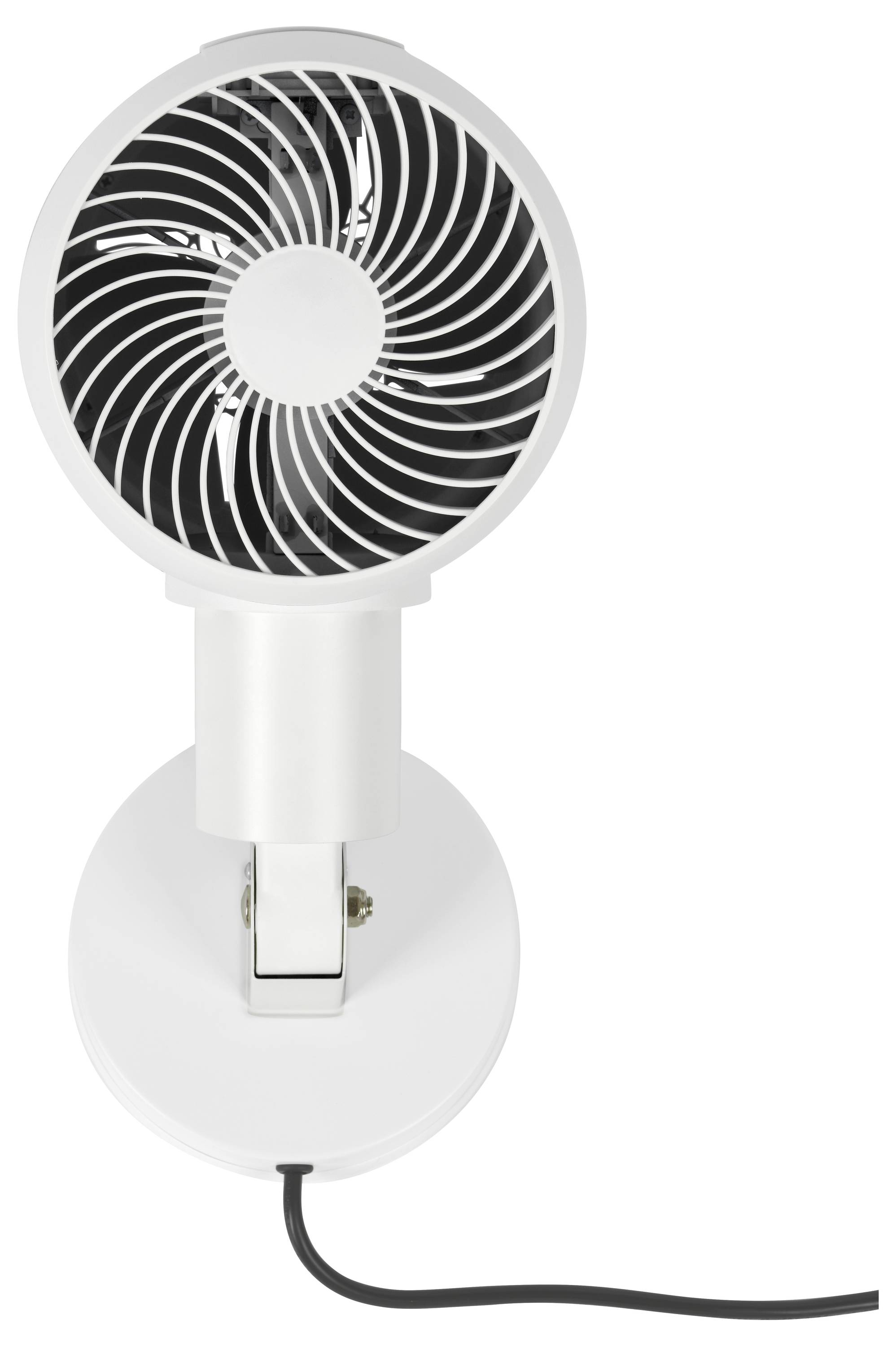 Ein kleiner, weißer, Tischventilator mit Oszillationsfunktion, Spiralgitter und Netzkabel.