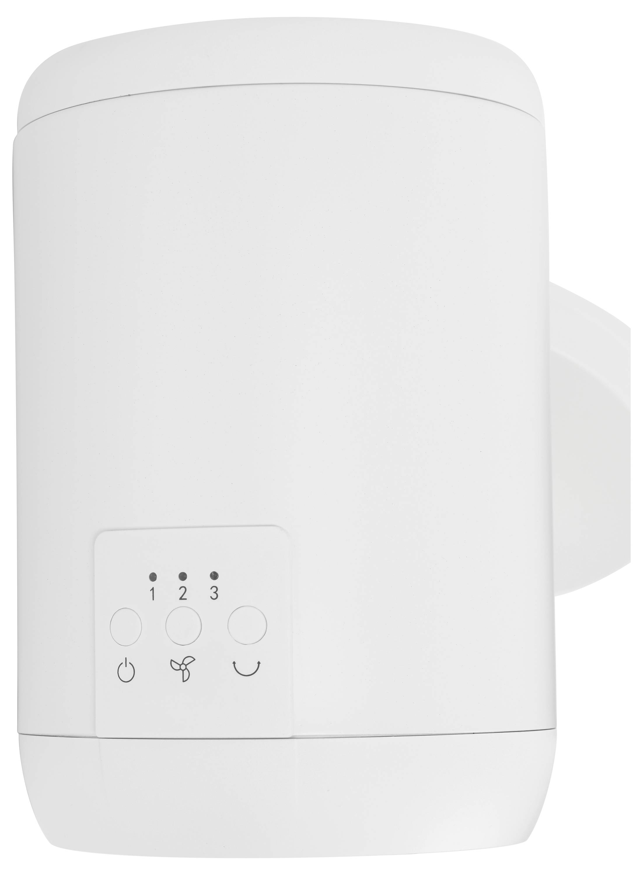Ein weißer, zylindrischer Luftreiniger mit Tasten, die mit 1, 2, 3, Power, Lüftergeschwindigkeit und einem Smiley-Gesicht beschriftet sind.