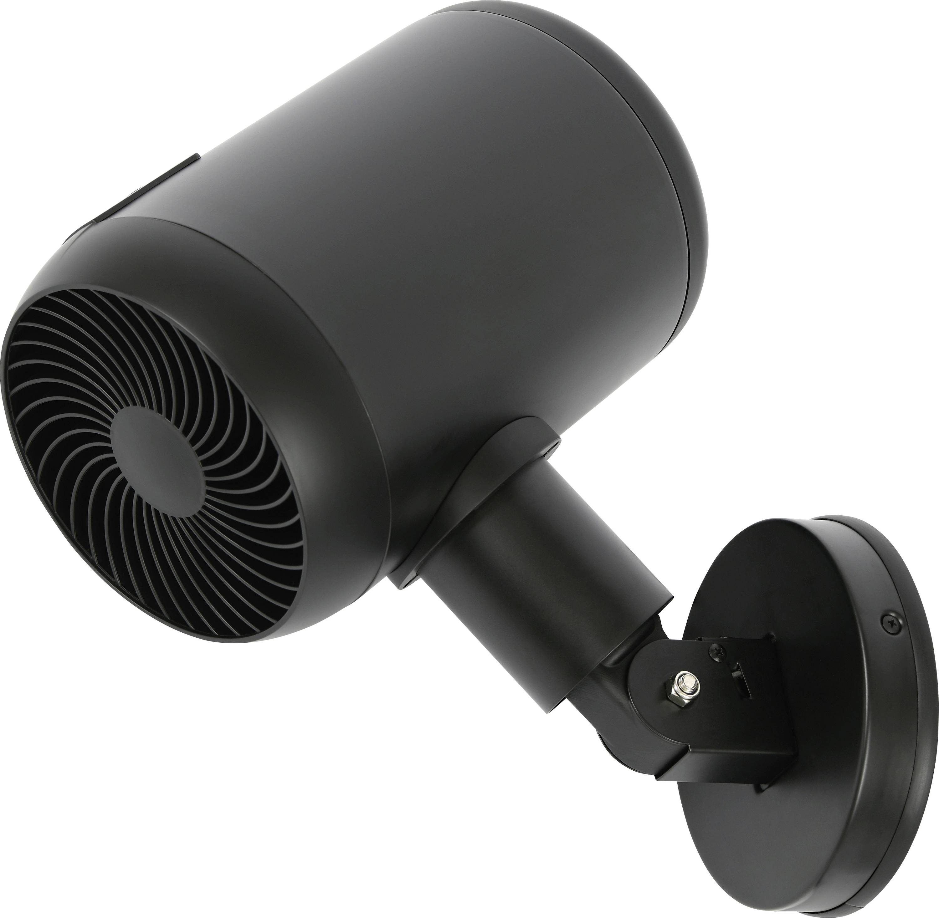 Ein schwarzer, wandmontierter Strahler mit zylindrischer Form und verstellbarem Winkel, der für gezielte Beleuchtung in Innenräumen verwendet wird.