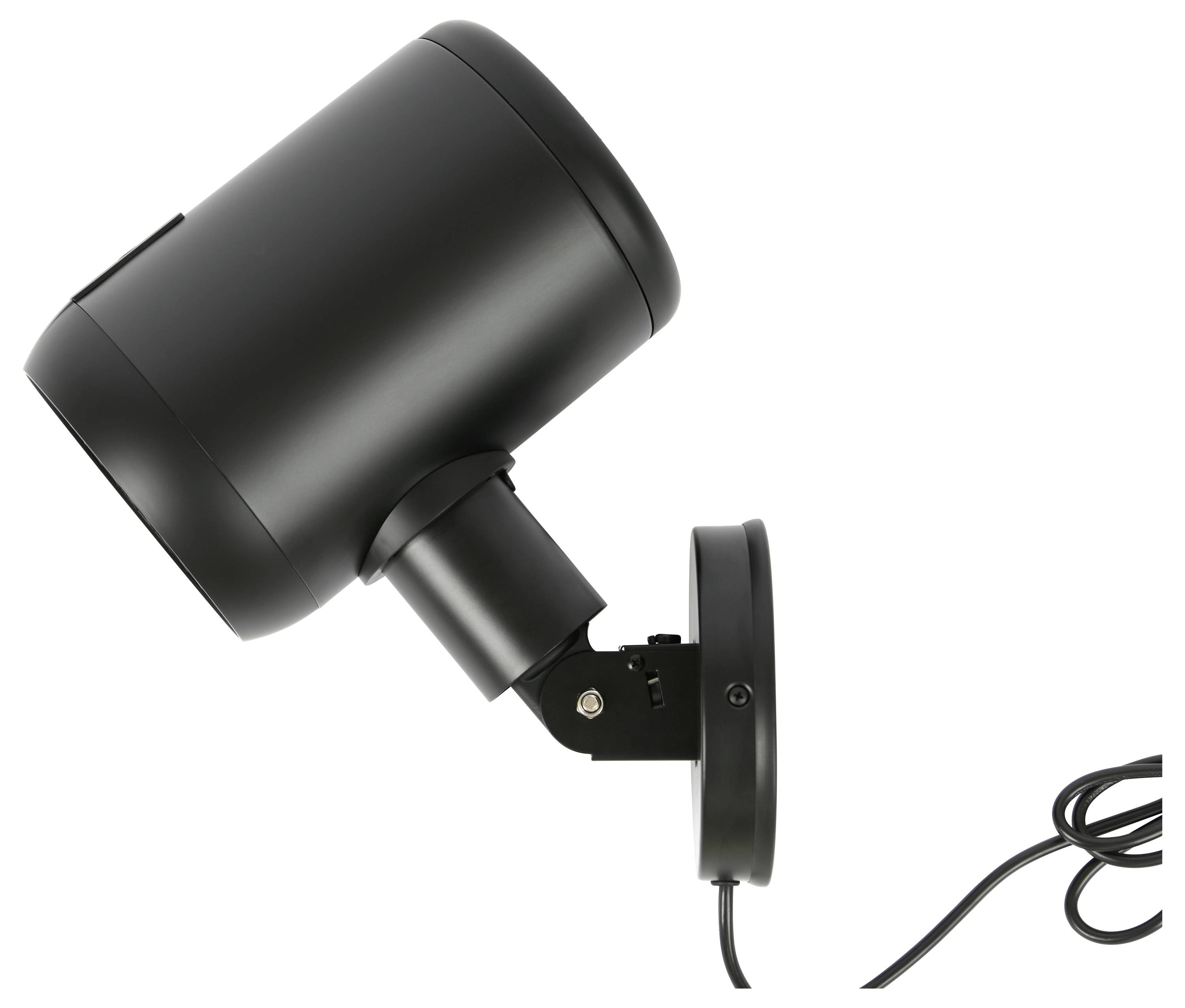 Eine schwarze, wandmontierte Außenleuchte mit verstellbarem Kopf und sichtbarem Stromkabel.