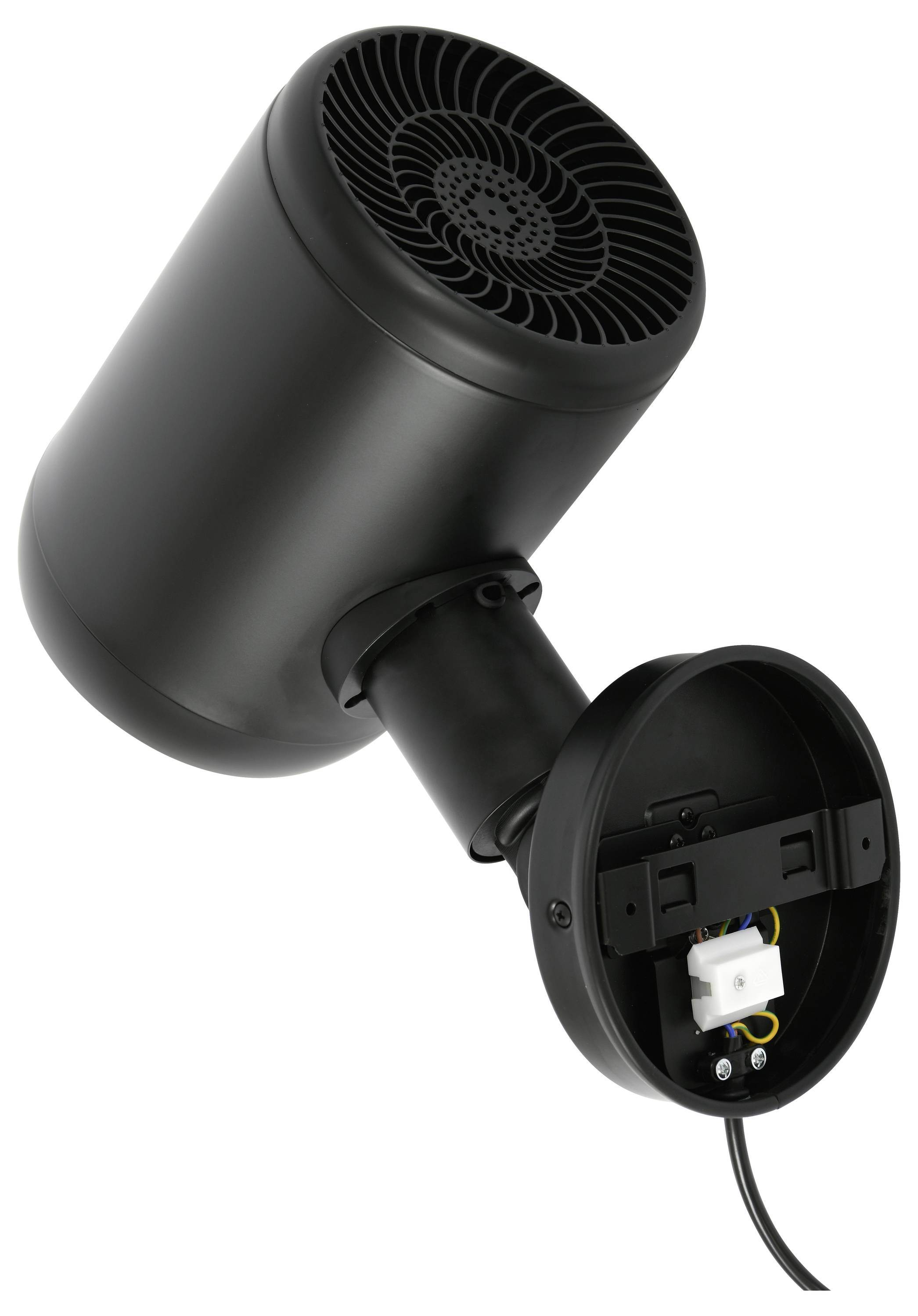 Schwarzer zylindrischer Strahler mit offener Rückseite, an der Kabel sichtbar sind, konzipiert für Decken- oder Wandmontage in architektonischen Umgebungen.